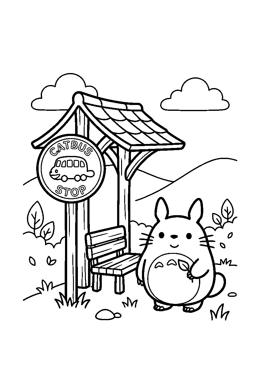 small totoro near catbus stop line art