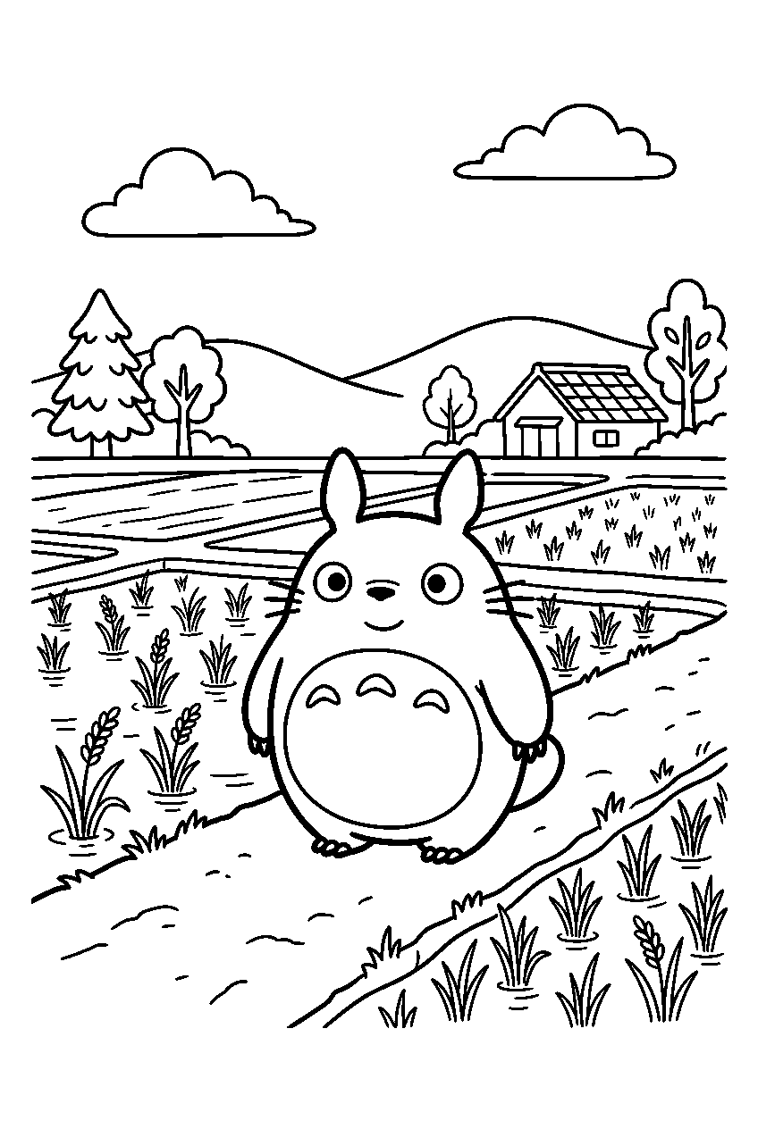 small totoro near rice field line art