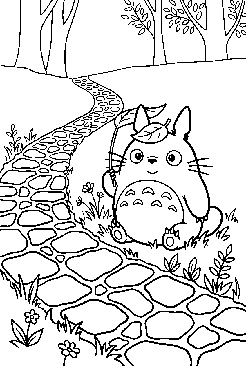 small totoro near stone path line art
