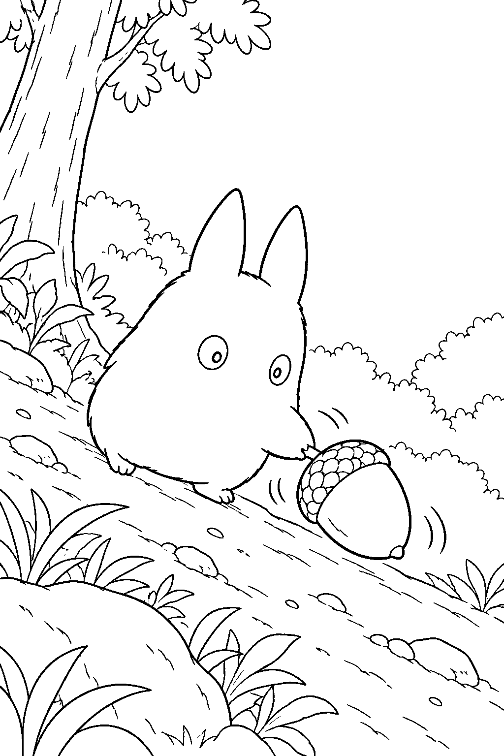 small totoro nudging a rolling acorn down a woodland slope line art