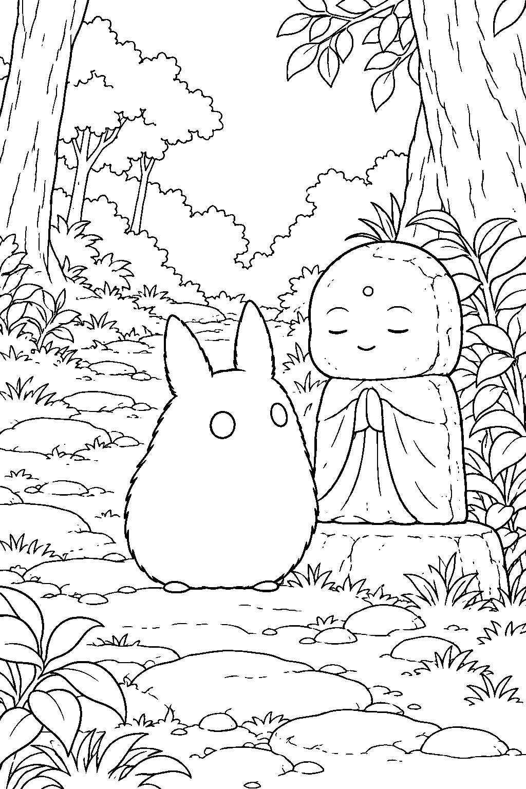 small totoro pausing beside a stone jizo statue on a forest path line art