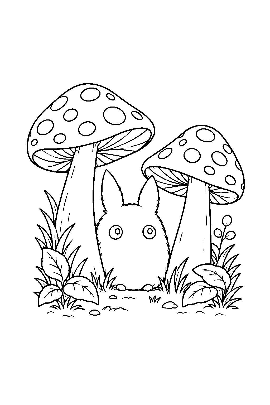small totoro peeking out between woodland mushrooms line art