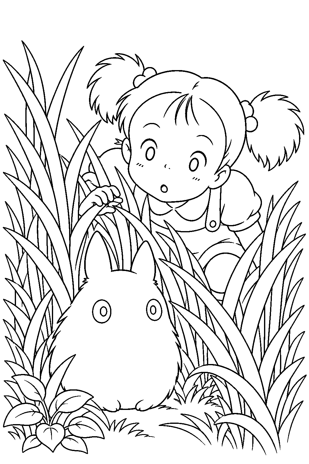 small totoro peeking through tall grass as mei discovers him line art