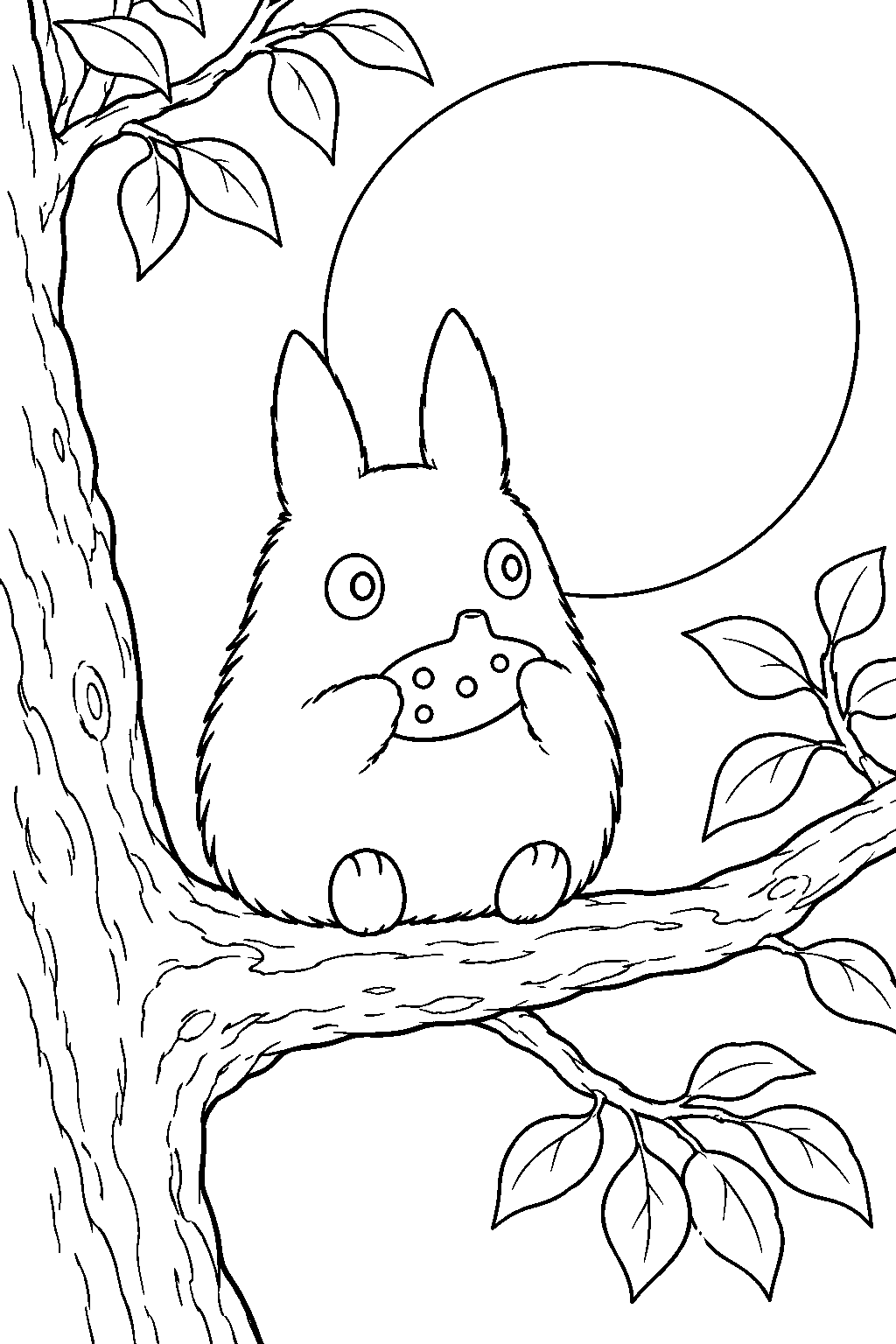small totoro playing an ocarina on a moonlit tree branch line art