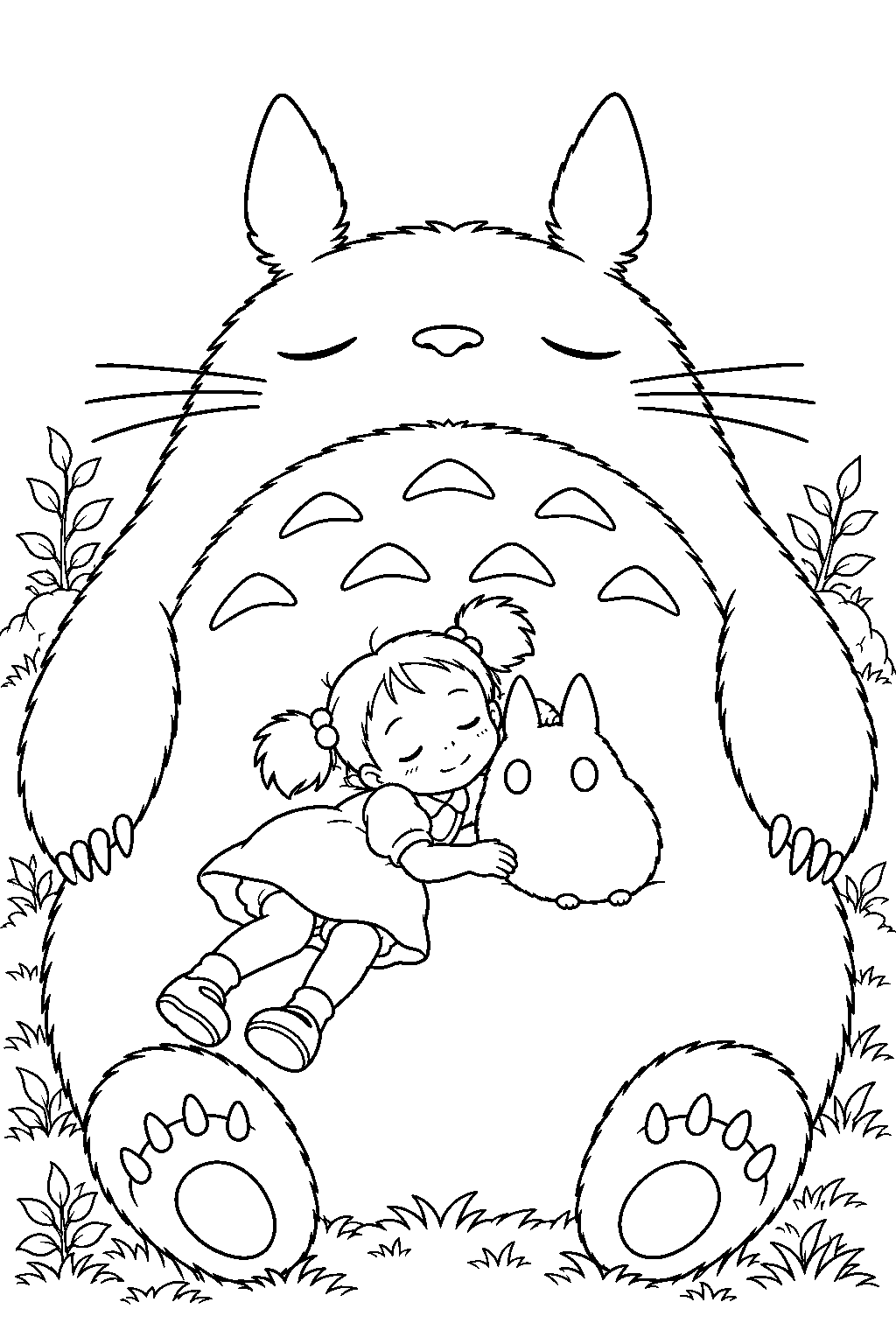 small totoro resting beside mei on big totoro s belly line art