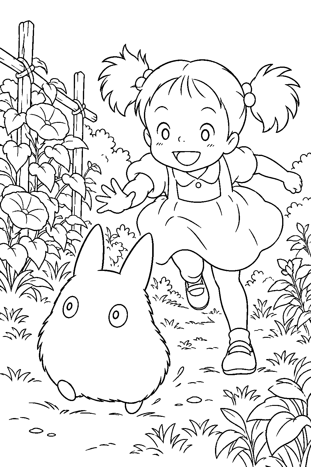 small totoro running through the garden with mei chasing him line art