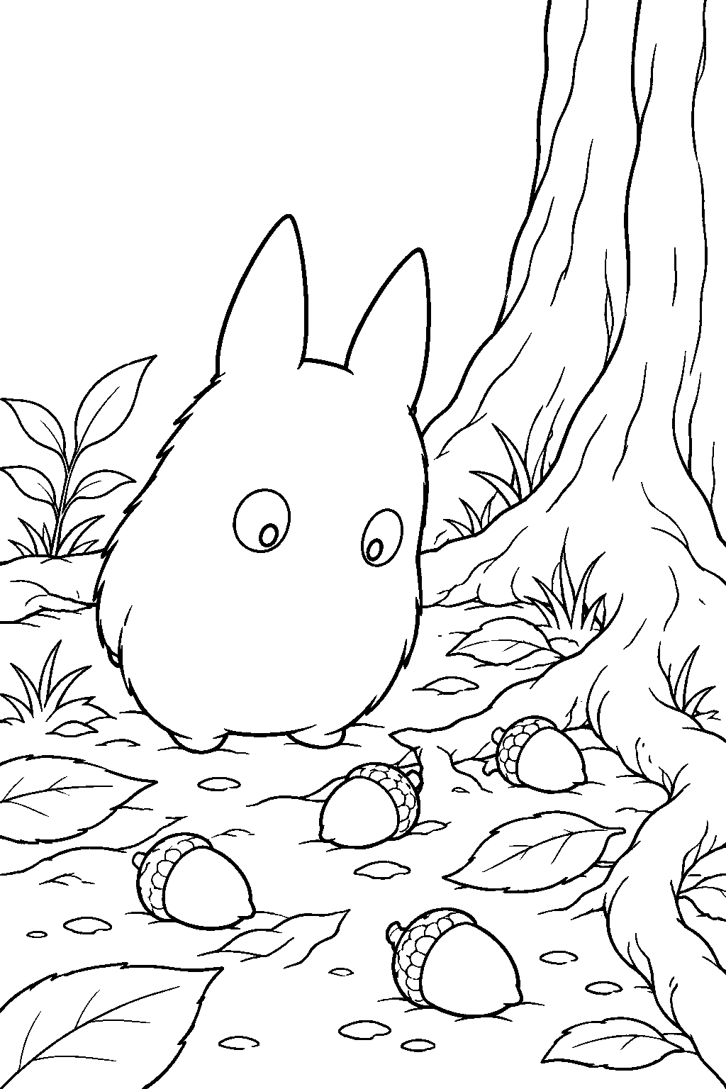 small totoro searching for acorns beneath a camphor tree line art