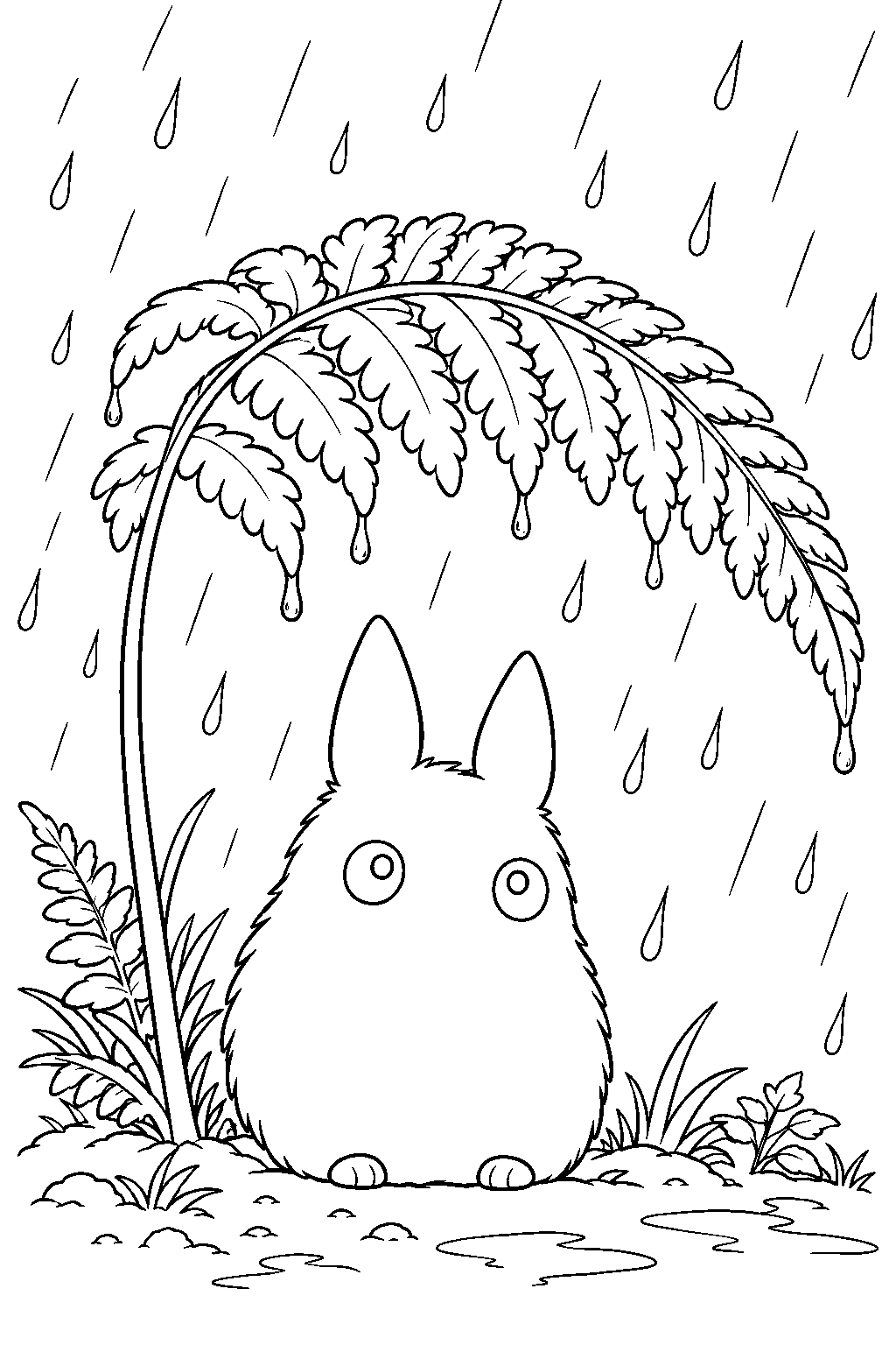 small totoro sheltering beneath a fern during a rain shower line art