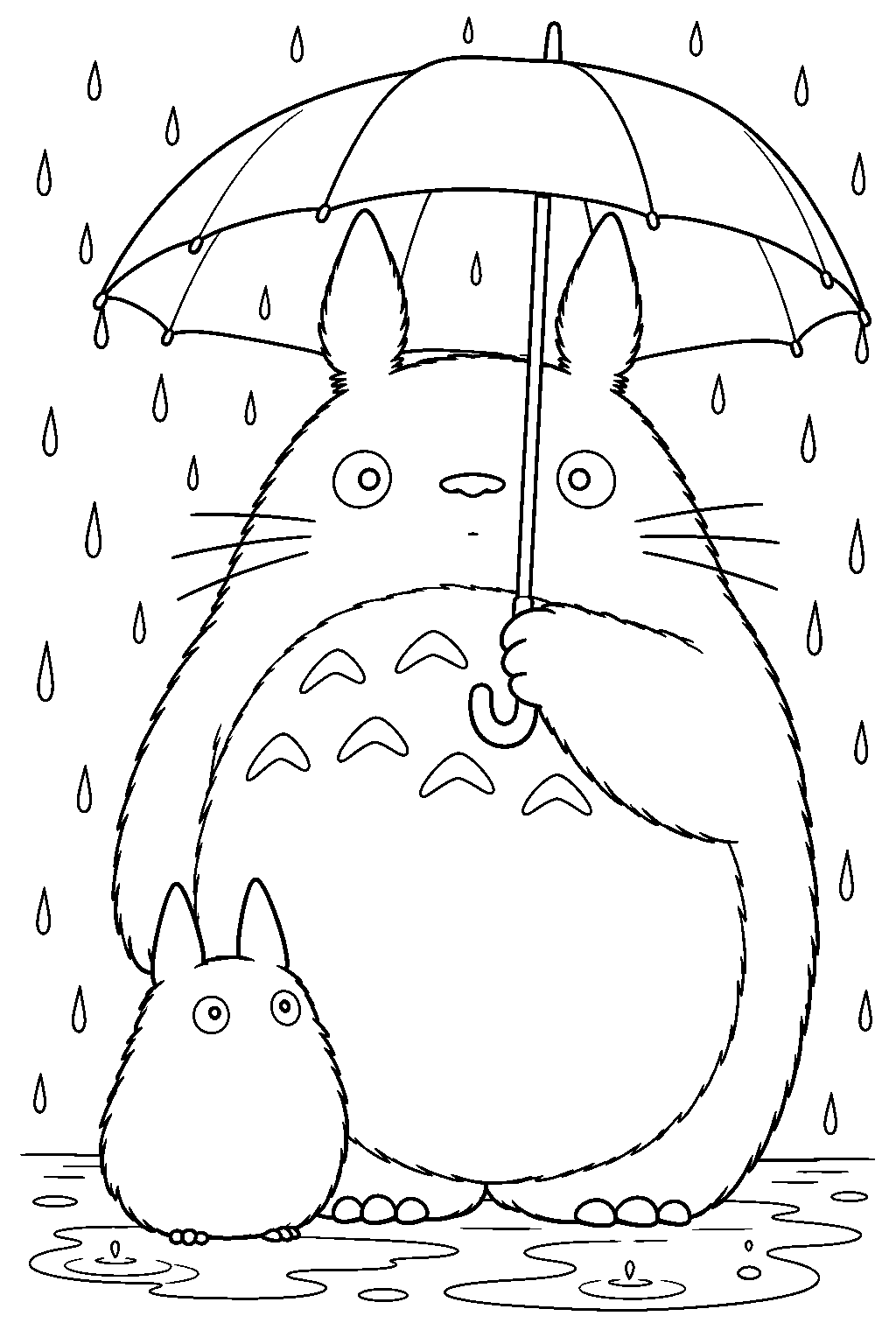small totoro sheltering under big totoro s umbrella in the rain line art