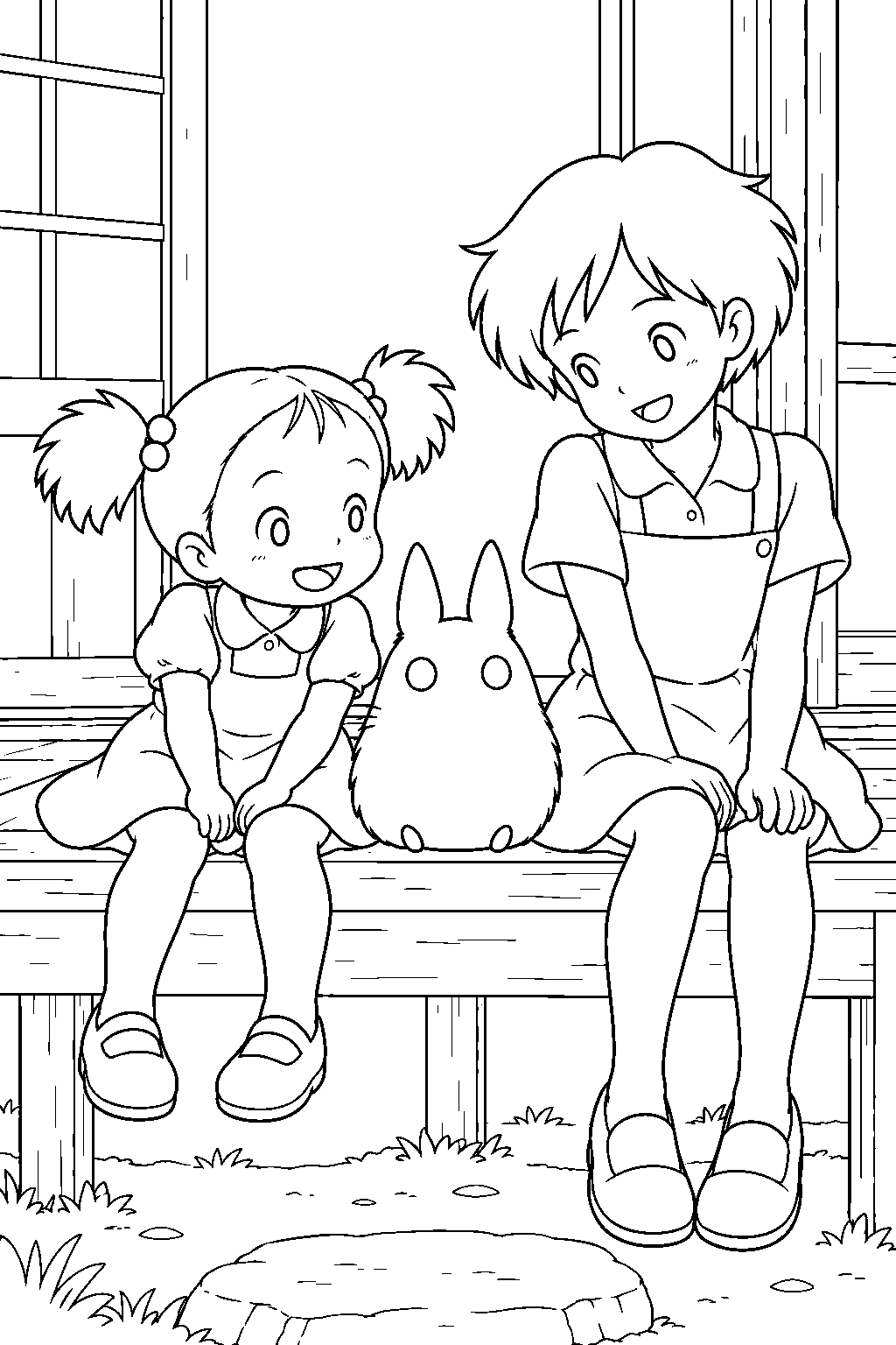 small totoro sitting with mei and satsuki on the house veranda line art