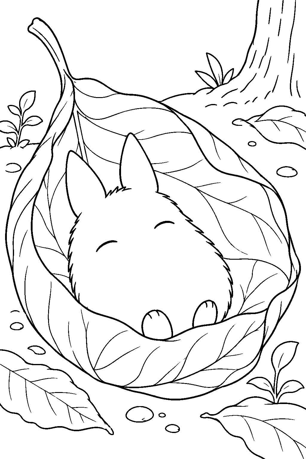small totoro sleeping inside a curled fallen leaf line art