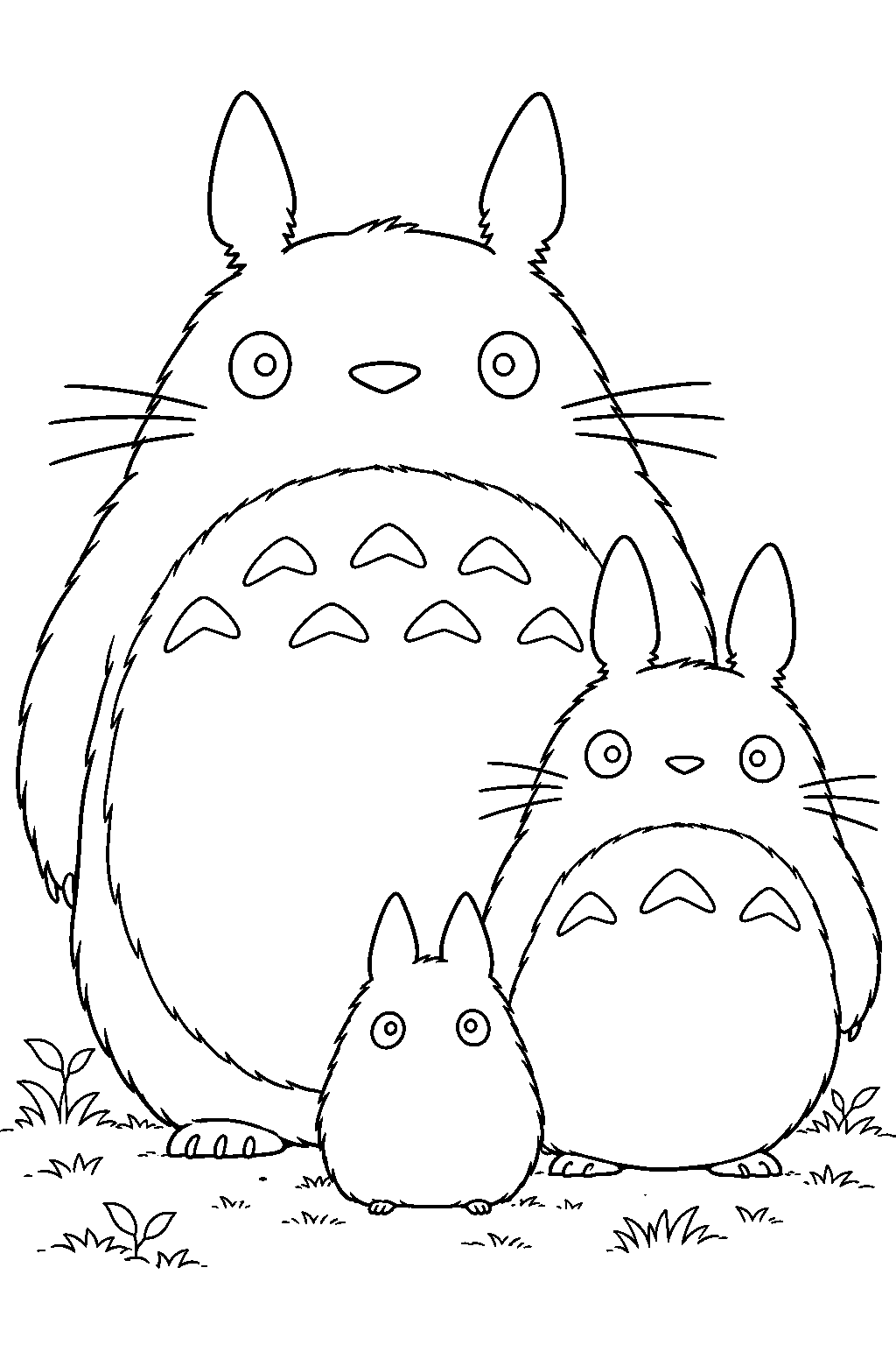 small totoro standing beside chu totoro and big totoro line art