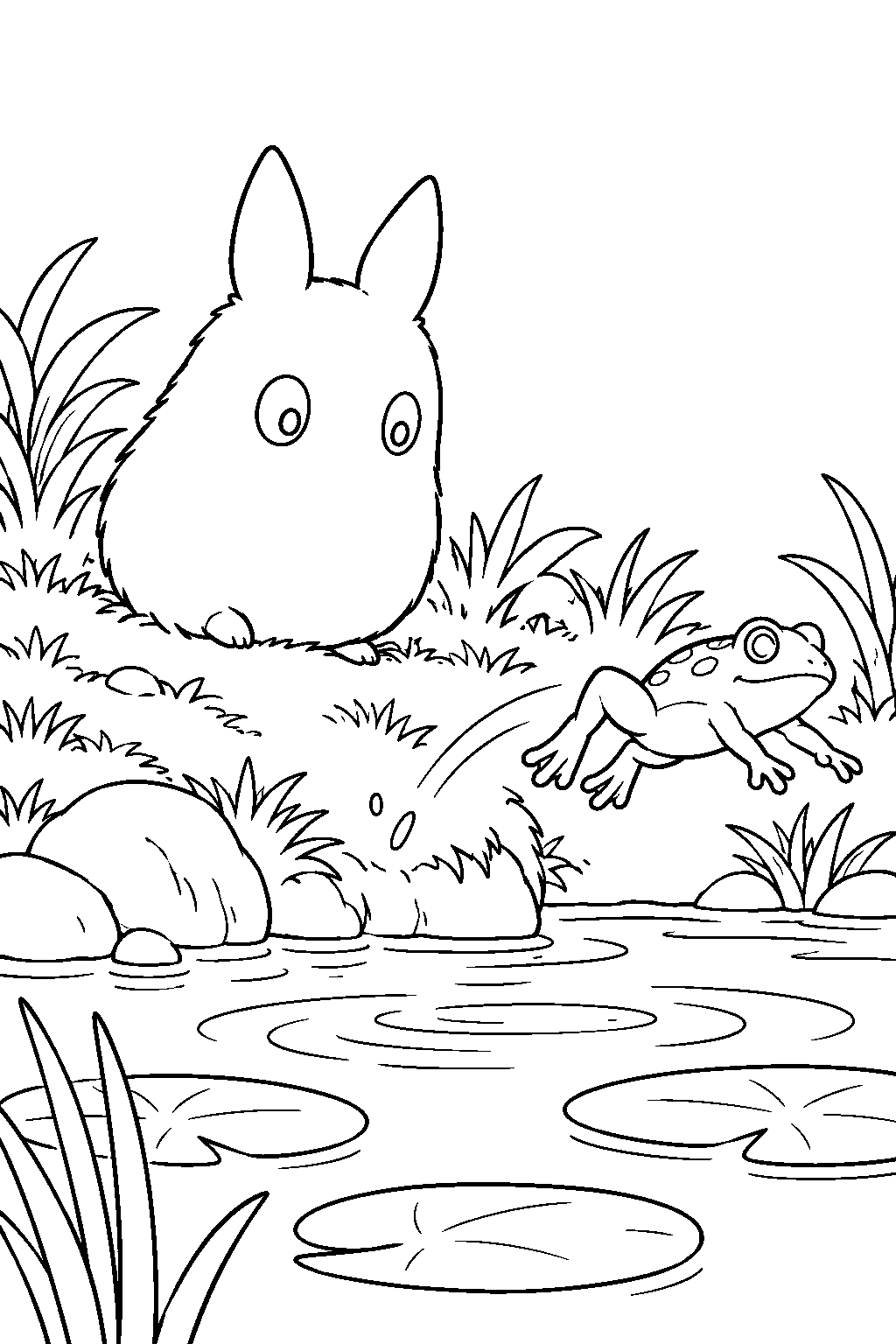small totoro watching a frog leap from a pond bank line art
