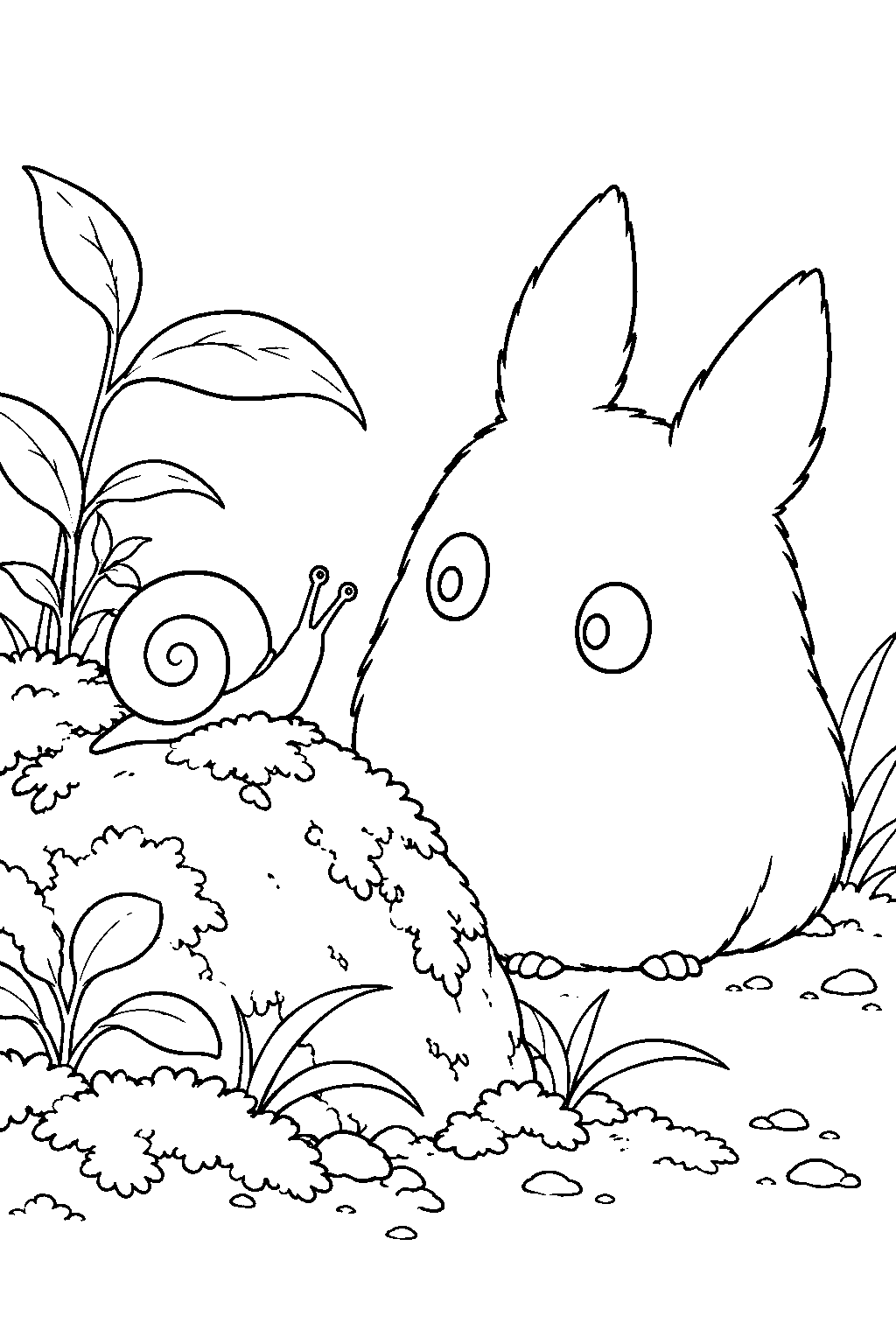 small totoro watching a snail climb a mossy rock line art