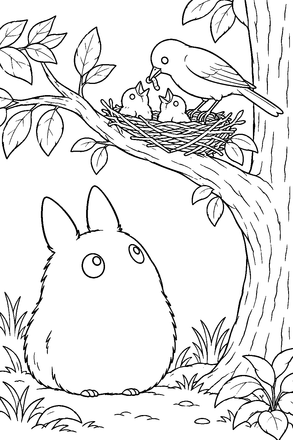 small totoro watching a woodland bird feed its chicks line art