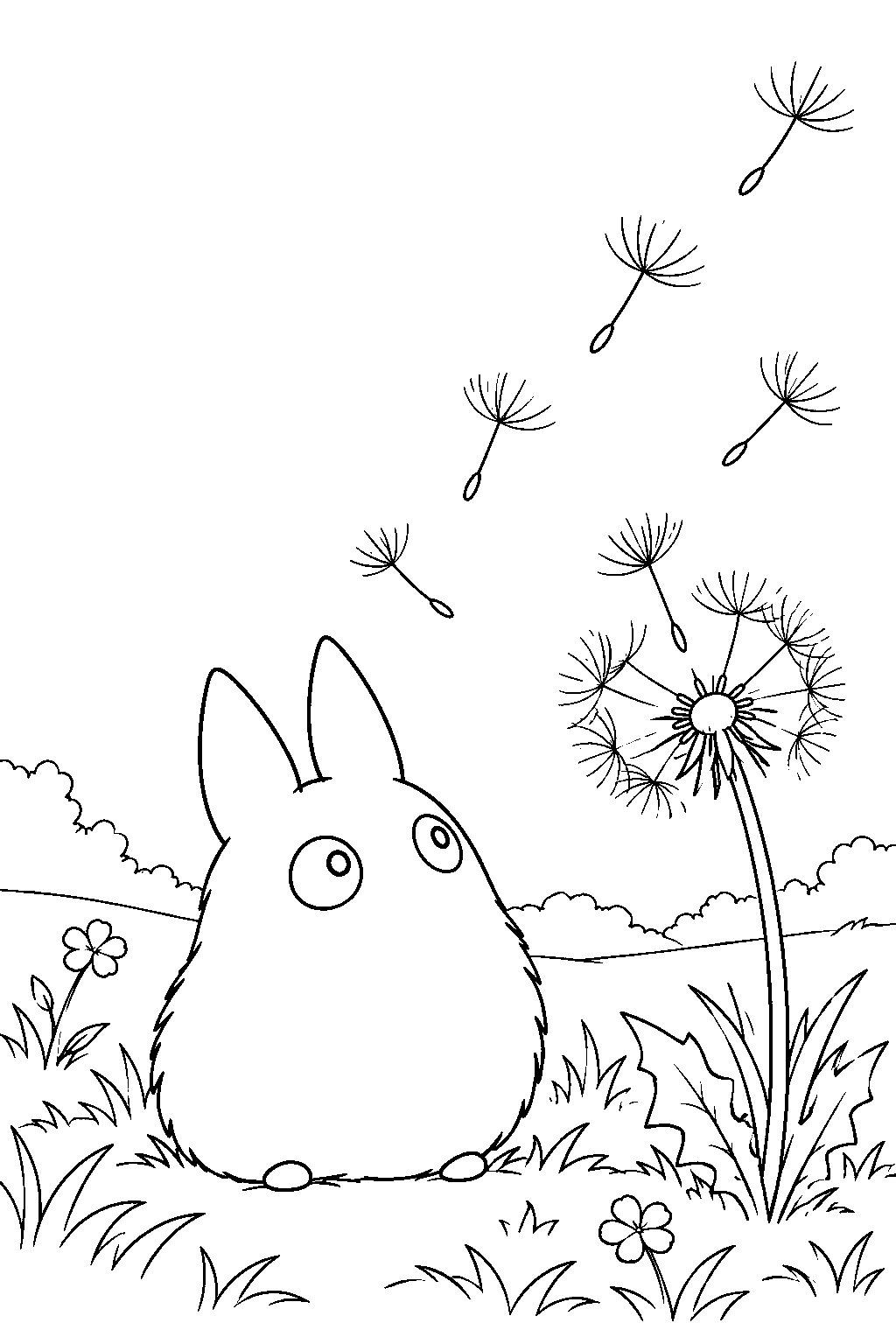 small totoro watching dandelion seeds drift across a meadow line art