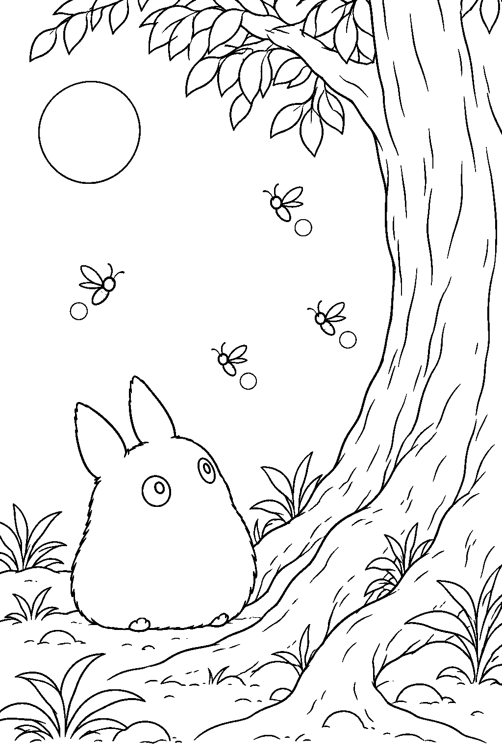 small totoro watching fireflies around the camphor tree line art
