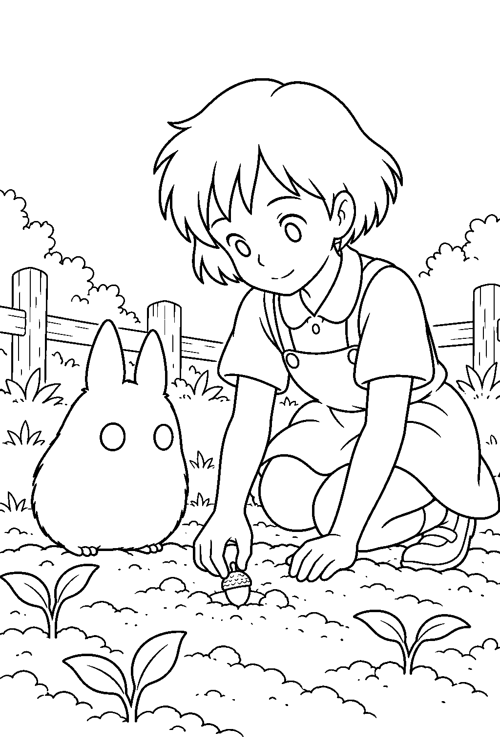 small totoro watching satsuki plant an acorn in the garden bed line art
