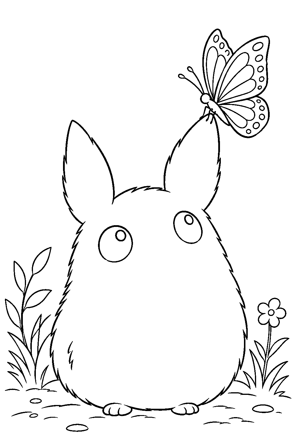 small totoro with a butterfly resting on his ear line art