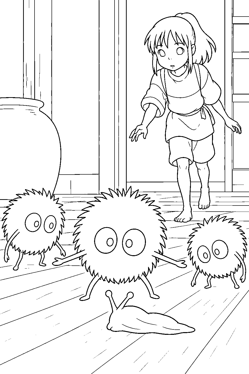 soot sprite blocking the cursed slug as chihiro approaches line art