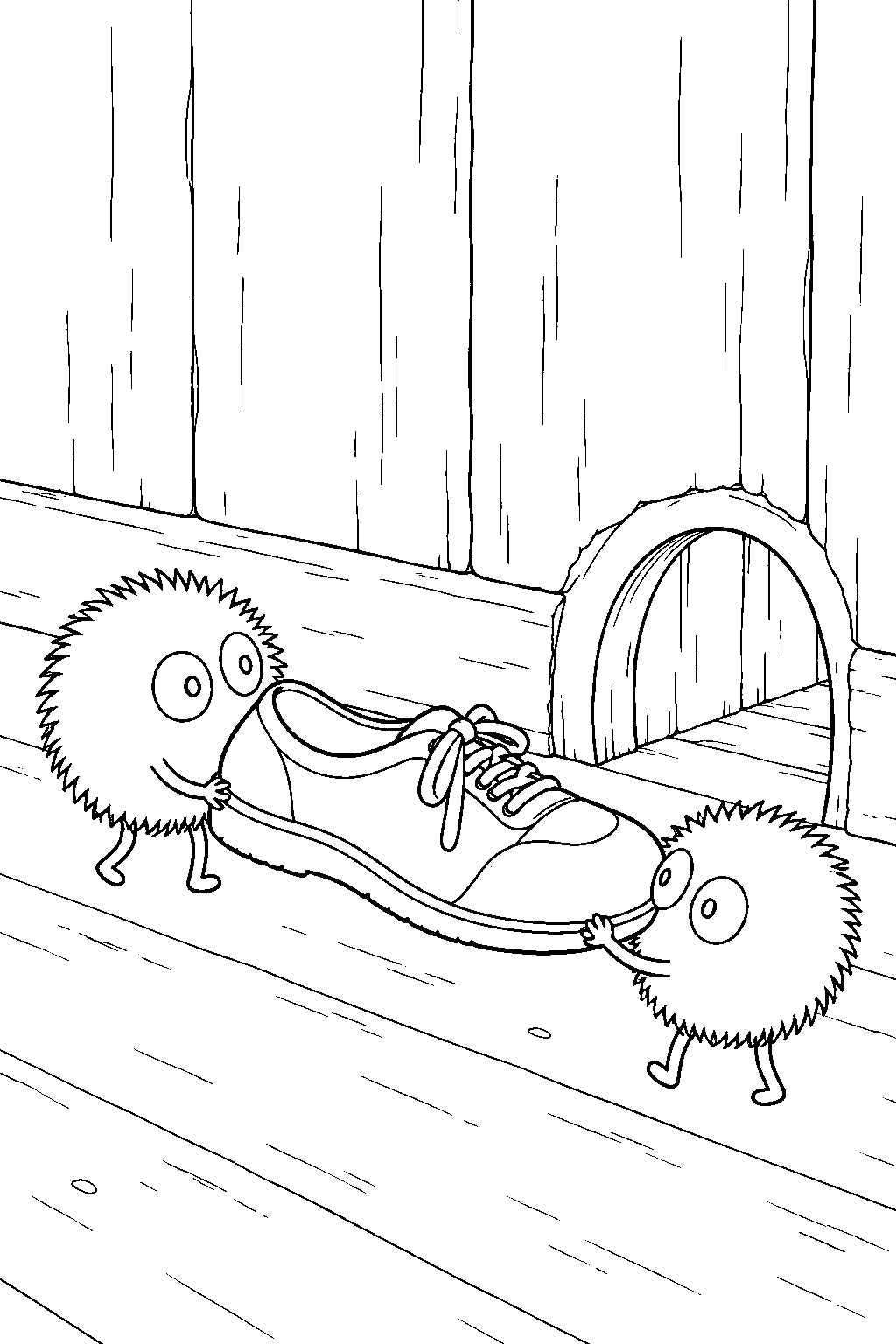 soot sprite carrying chihiro s shoes into its wall burrow line art