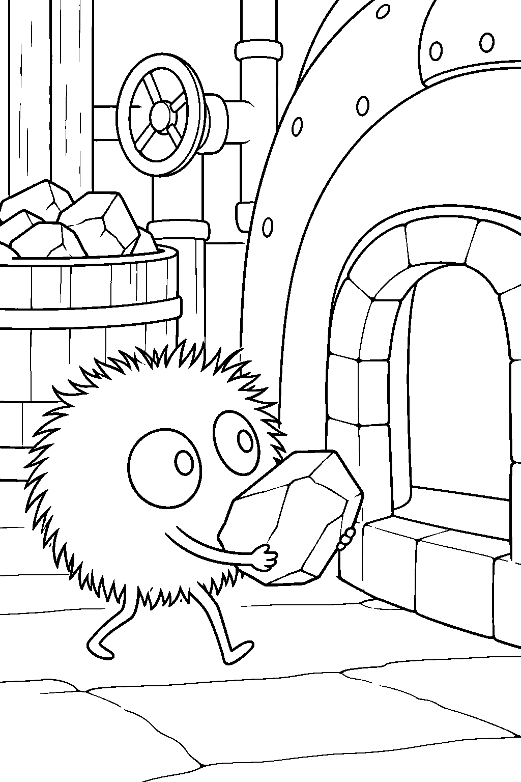 soot sprite carrying coal to kamaji s furnace line art