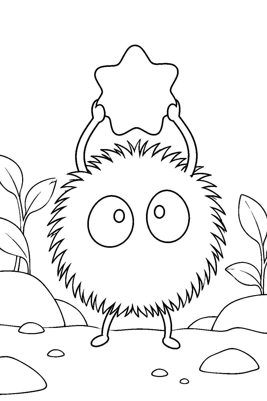 soot sprite carrying star shaped konpeito candy line art
