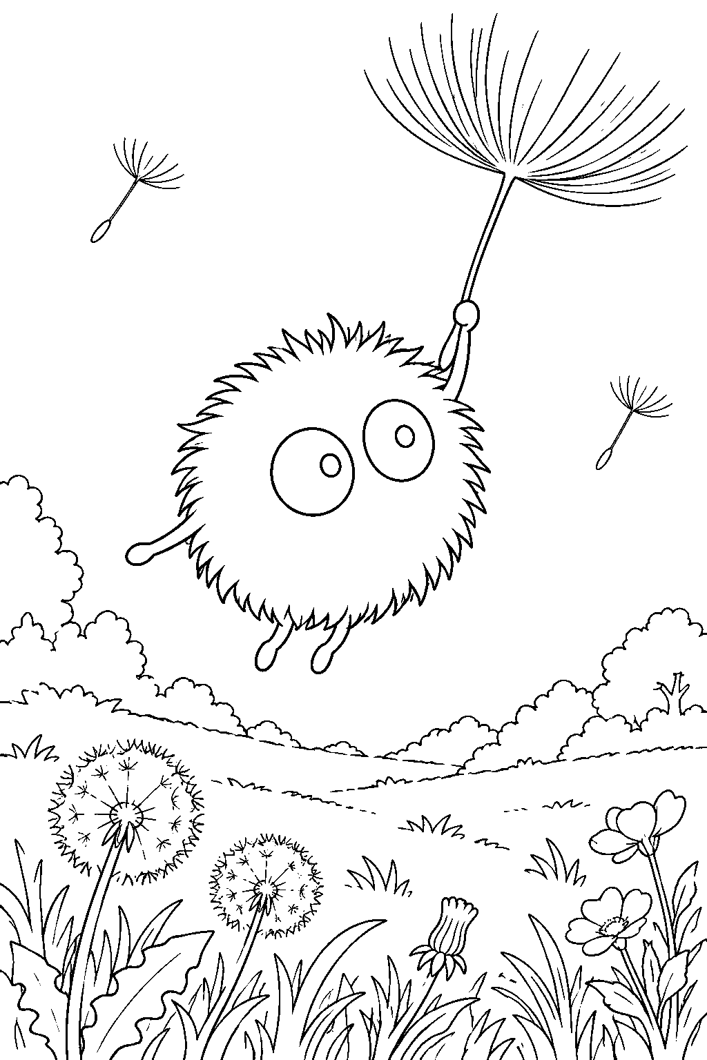 soot sprite catching a drifting dandelion seed above a meadow line art