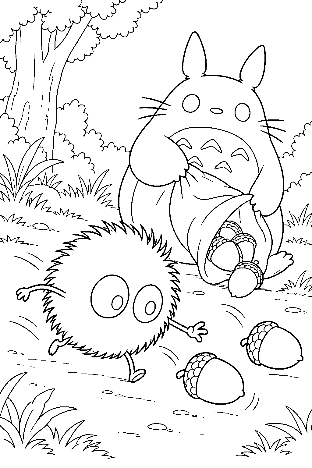 soot sprite chasing acorns spilling from medium totoro s sack line art