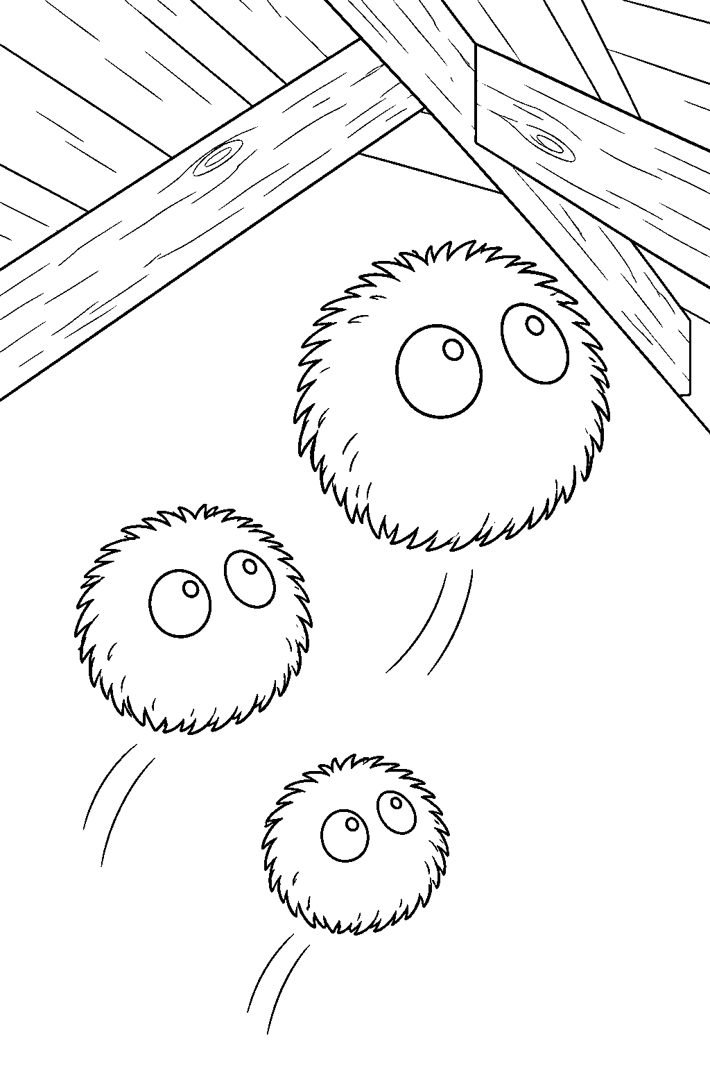 soot sprite climbing toward the attic rafters with its friends line art
