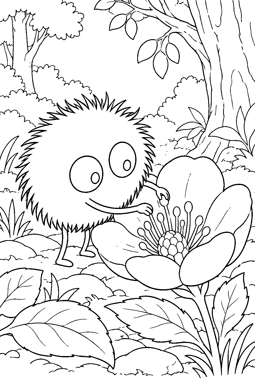 soot sprite collecting pollen from a flower in a woodland clearing line art