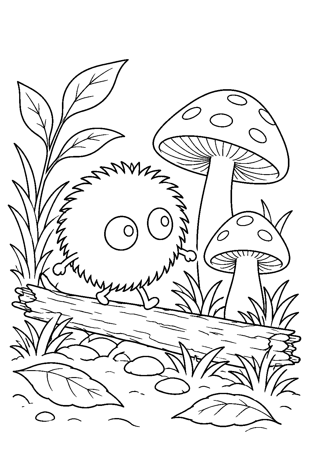 soot sprite crossing a fallen twig beside woodland mushrooms line art
