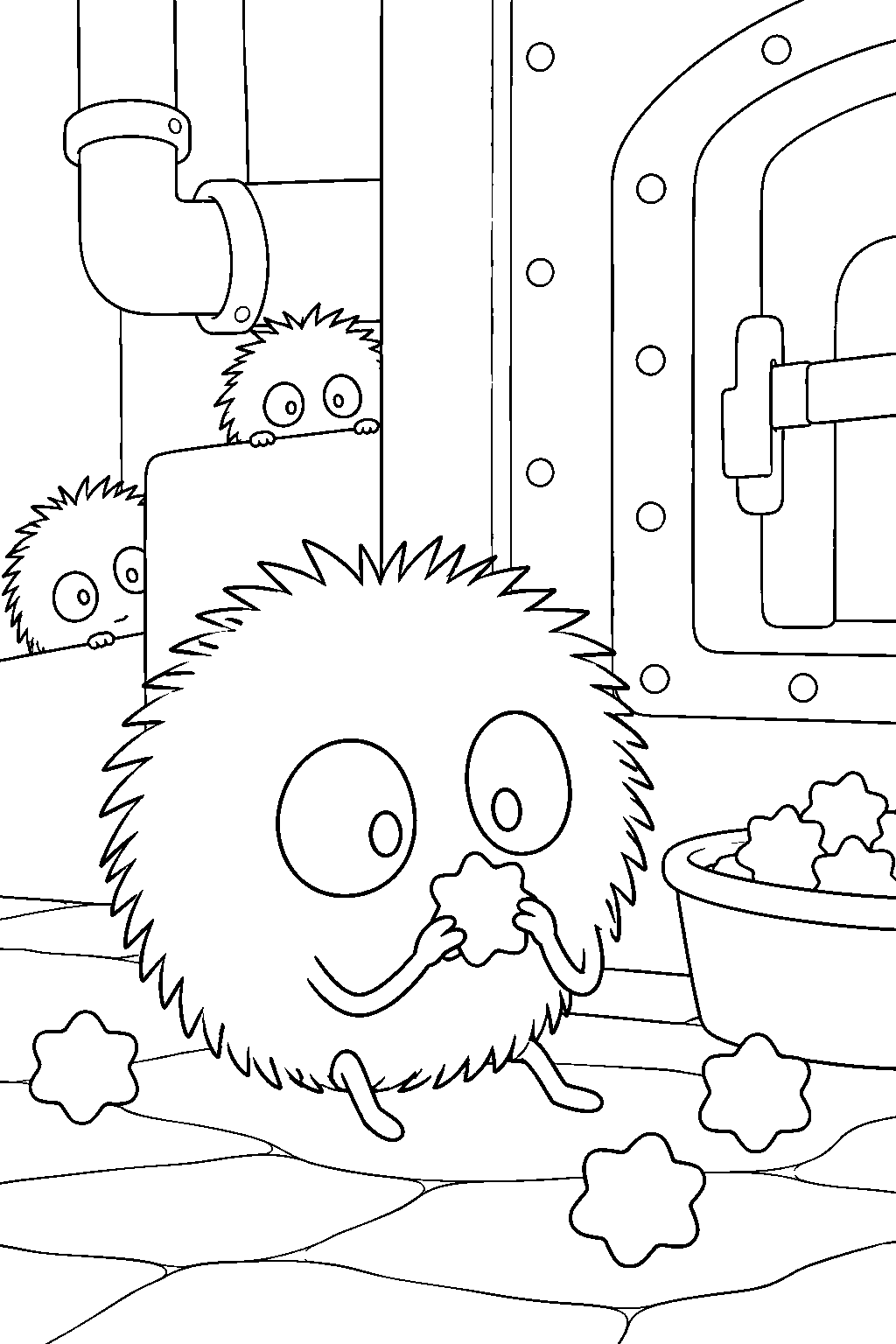 soot sprite eating konpeito candy beside the boiler room wall line art