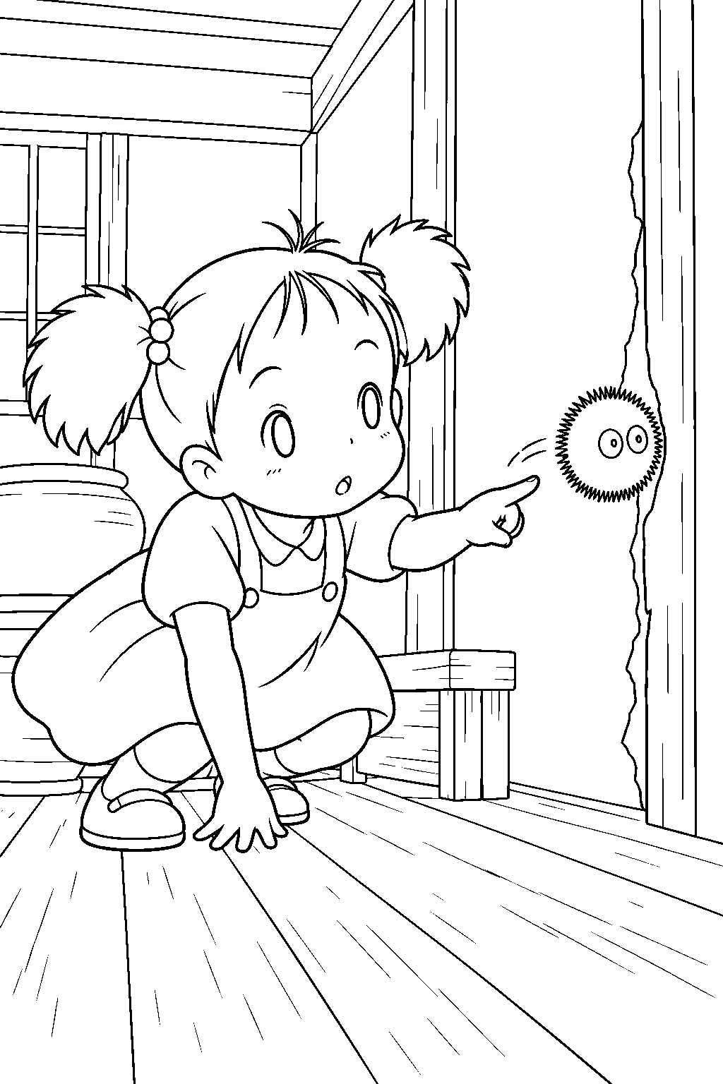 soot sprite escaping through the farmhouse wall crack as mei reaches inside line art
