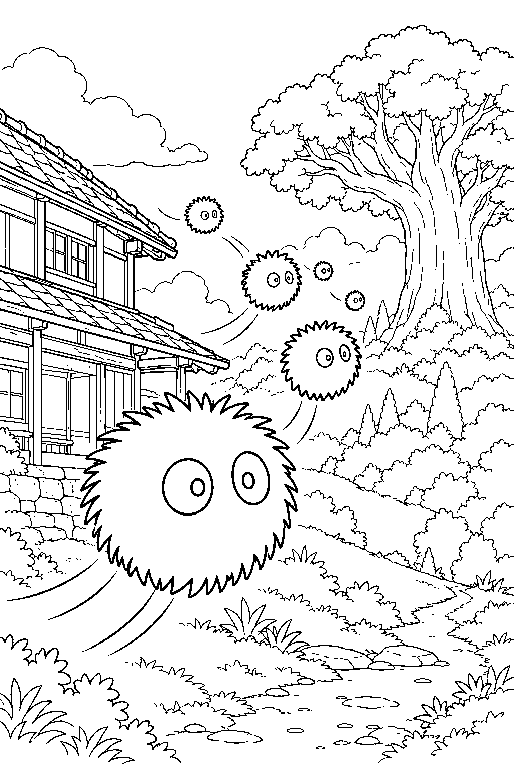 soot sprite floating out of the farmhouse toward the camphor tree line art