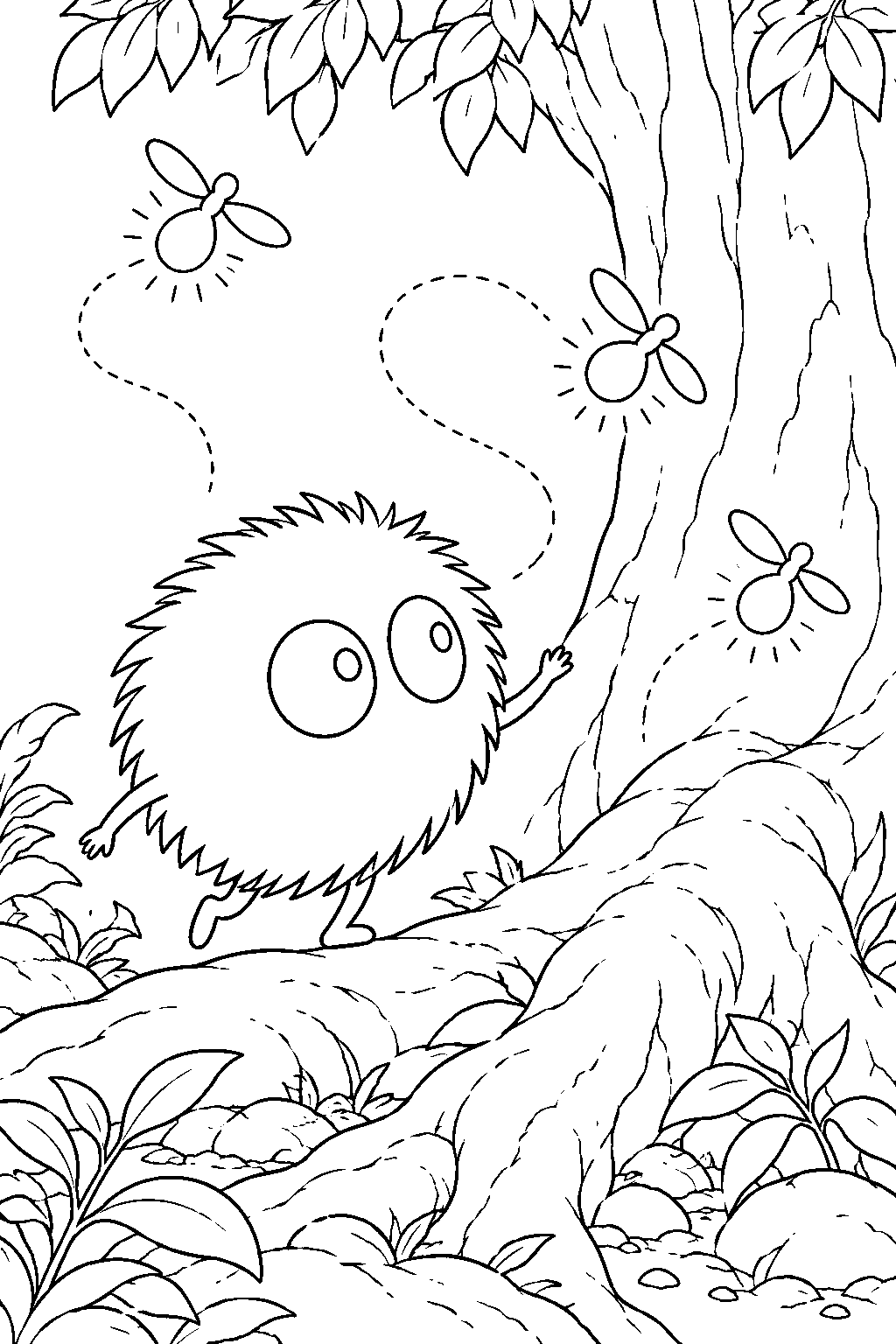 soot sprite following fireflies around the camphor tree at night line art