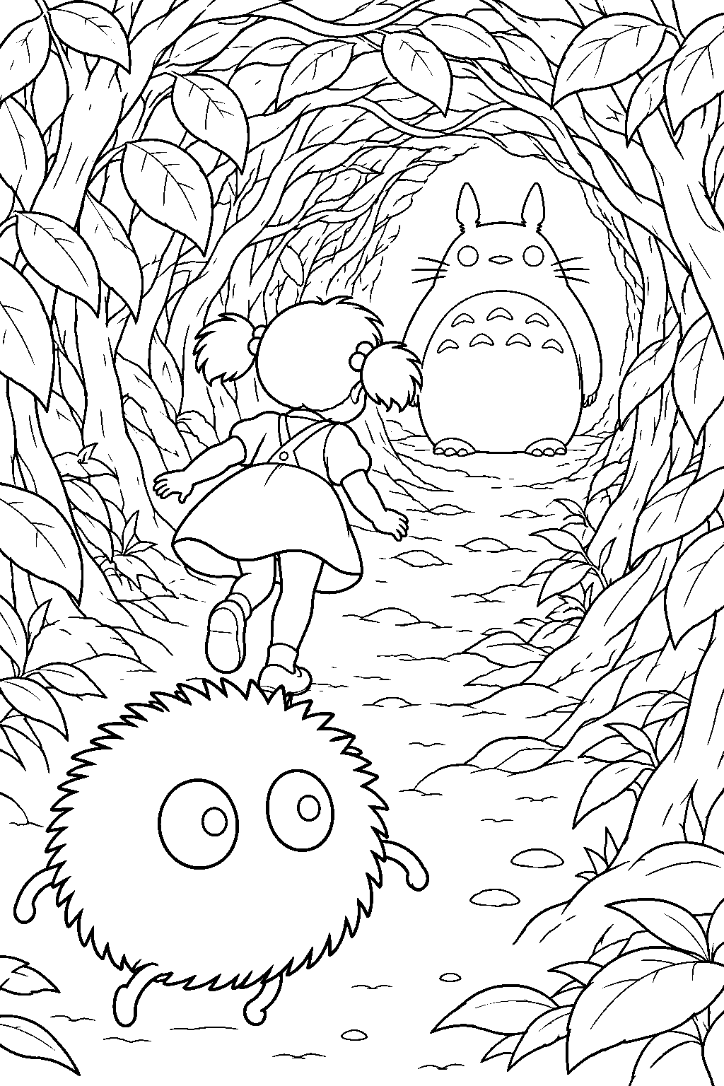 soot sprite following mei through the leafy tunnel to totoro line art