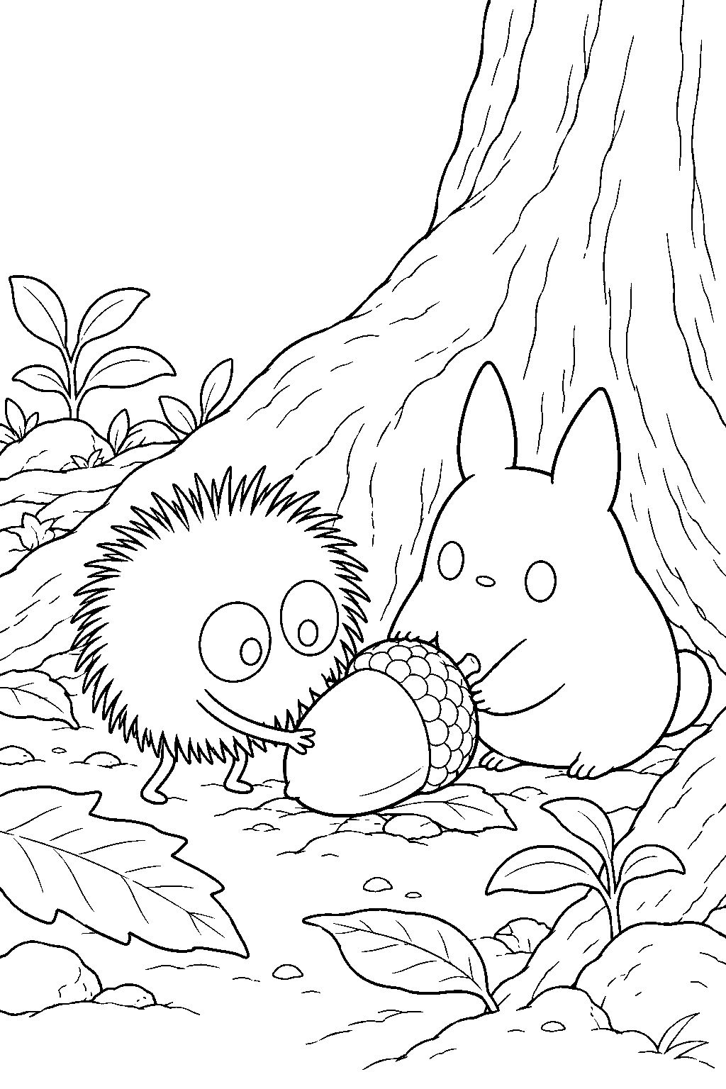soot sprite helping small totoro gather an acorn beside a tree root line art