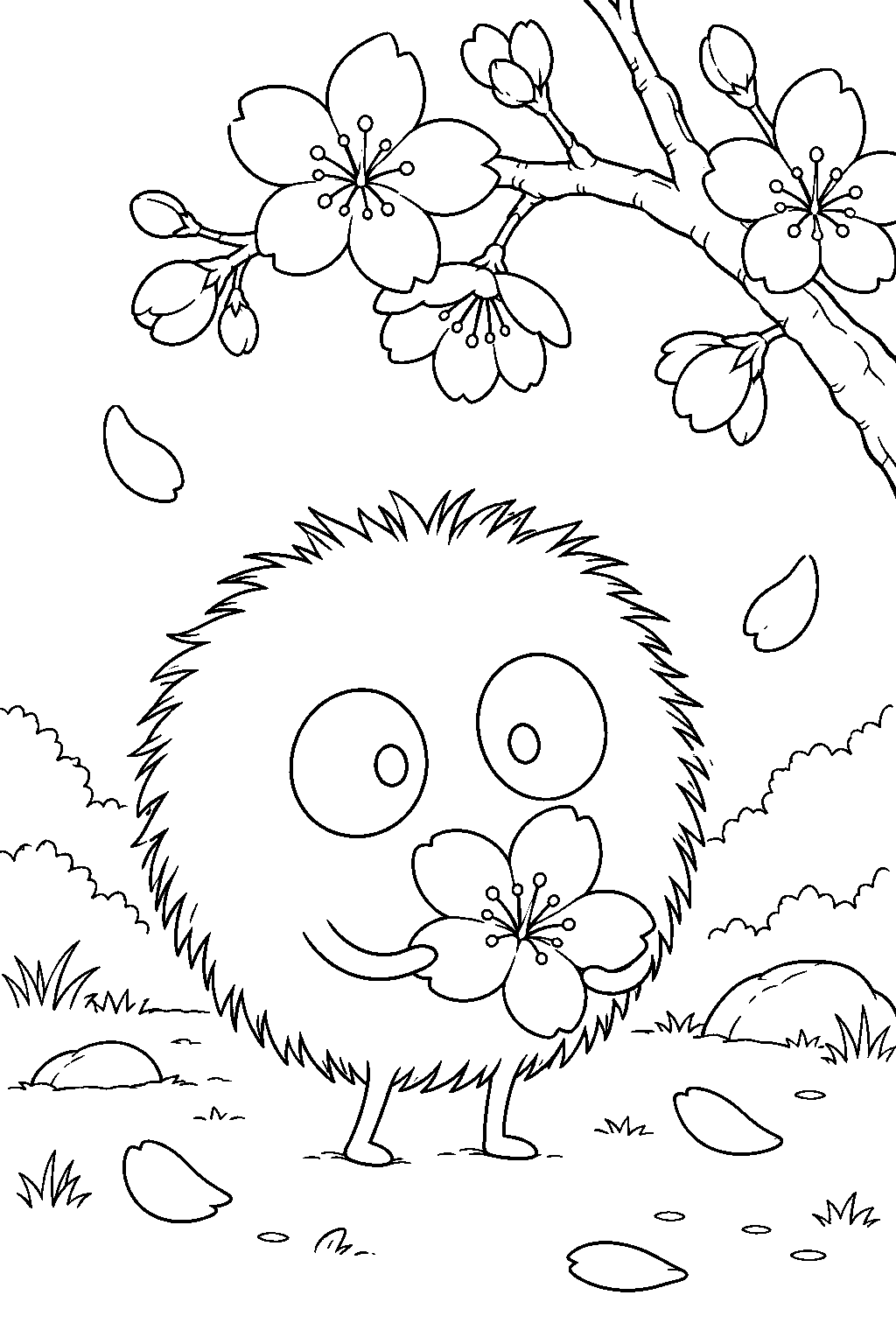 soot sprite holding a fallen cherry blossom beneath a flowering branch line art