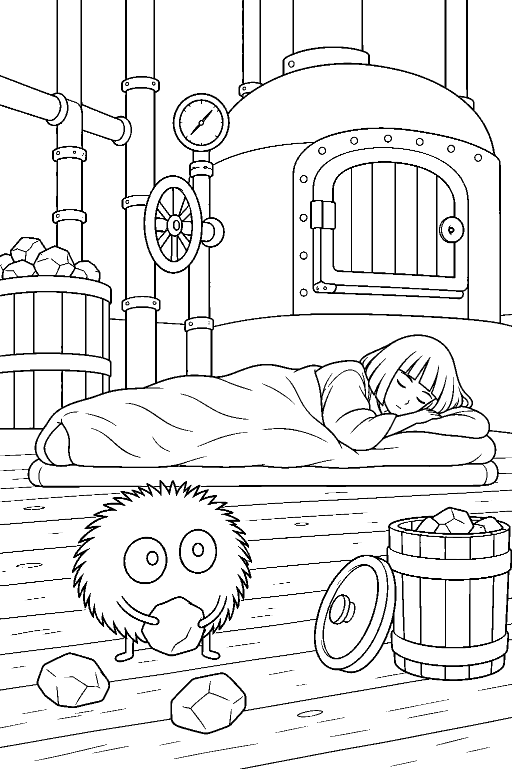 soot sprite keeping watch beside haku resting in the boiler room line art