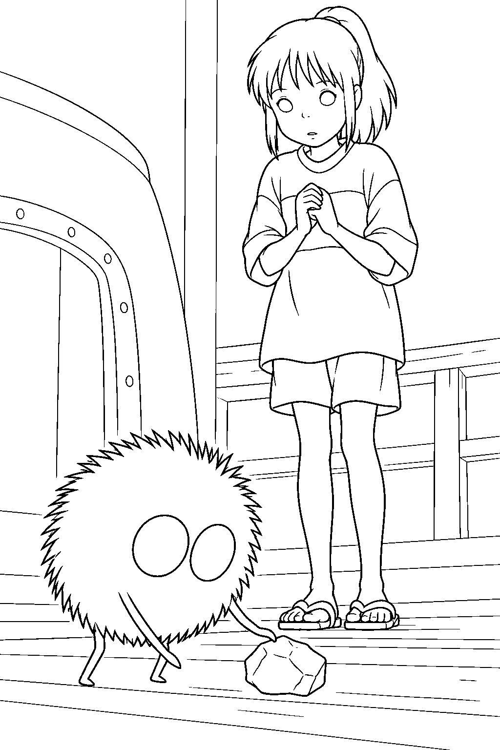 soot sprite leaving its coal at chihiro s feet line art