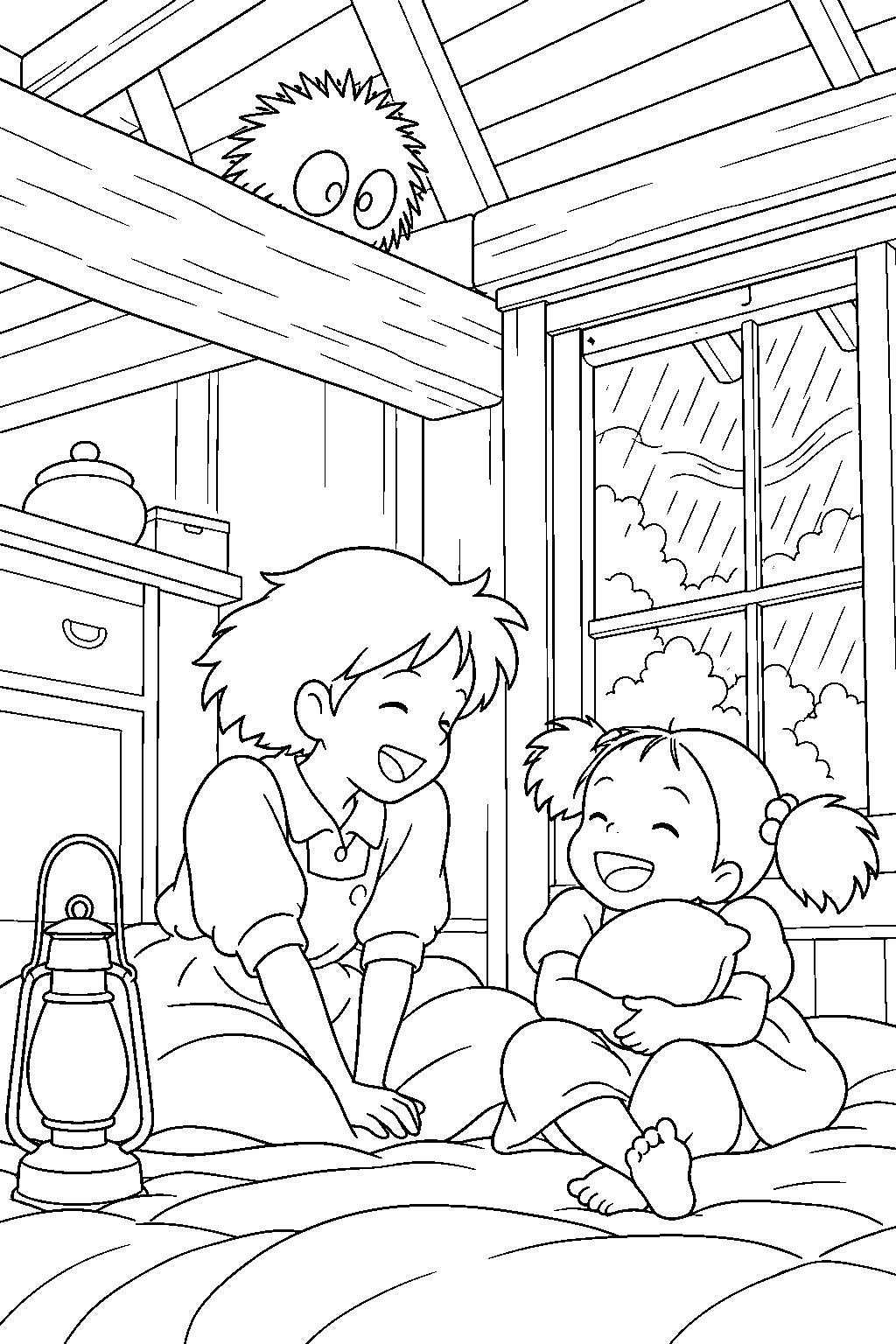 soot sprite listening to mei and satsuki laugh during the nighttime storm line art