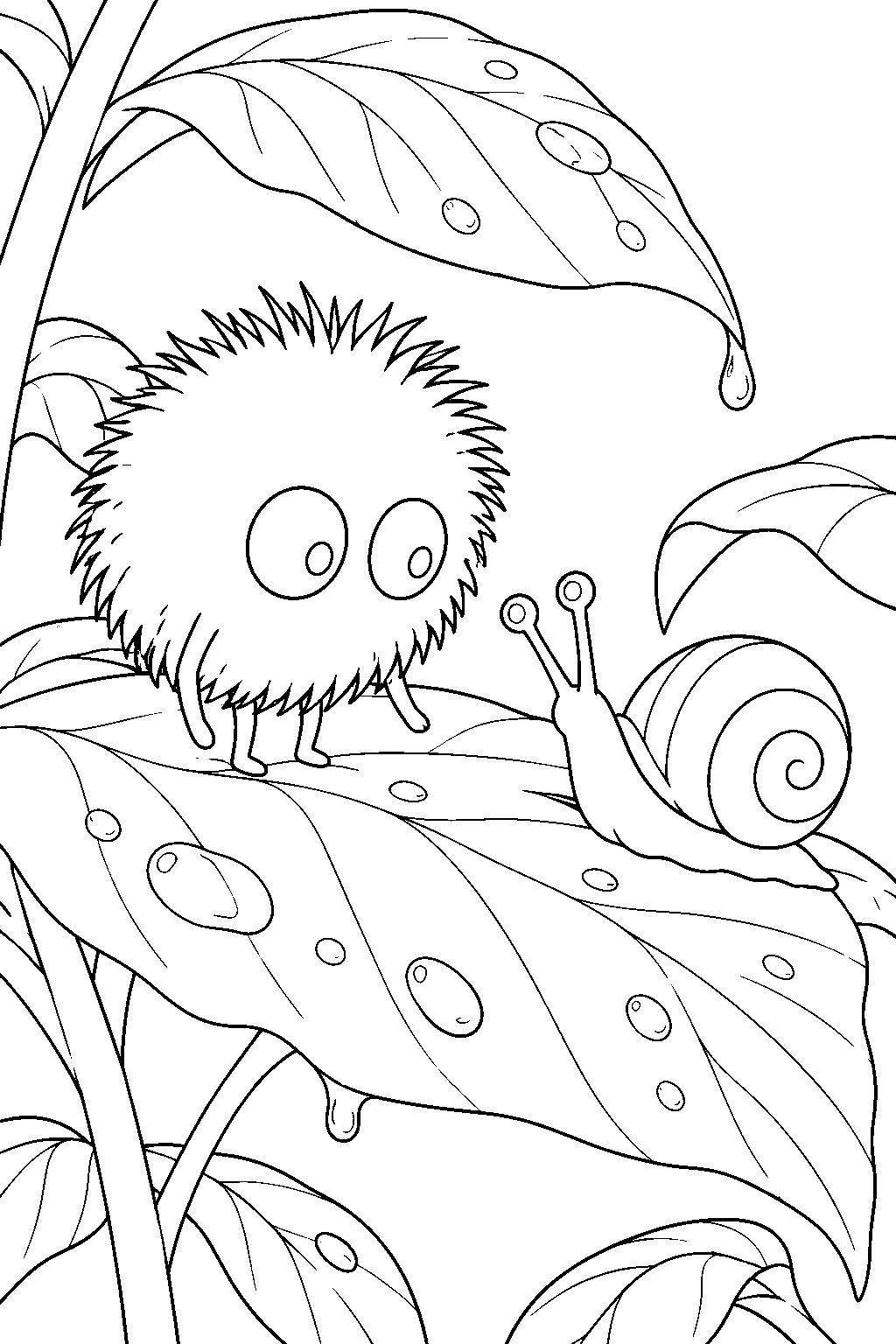 soot sprite meeting a snail on a rain damp camphor leaf line art