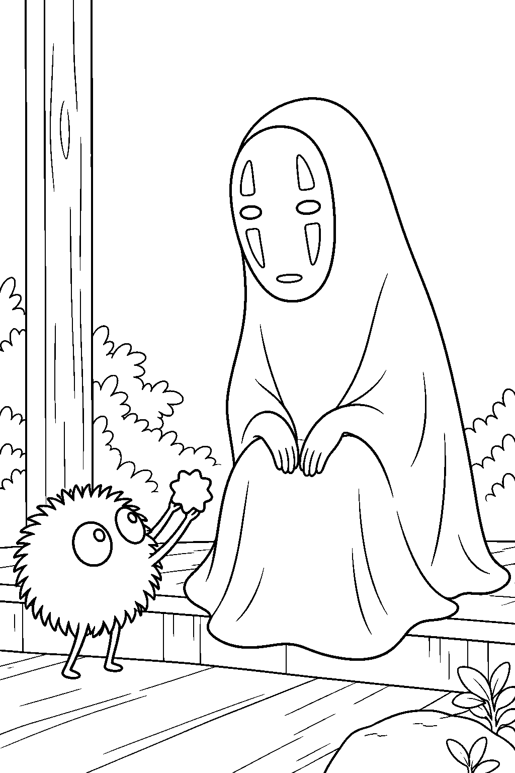 soot sprite offering konpeito candy to no face line art