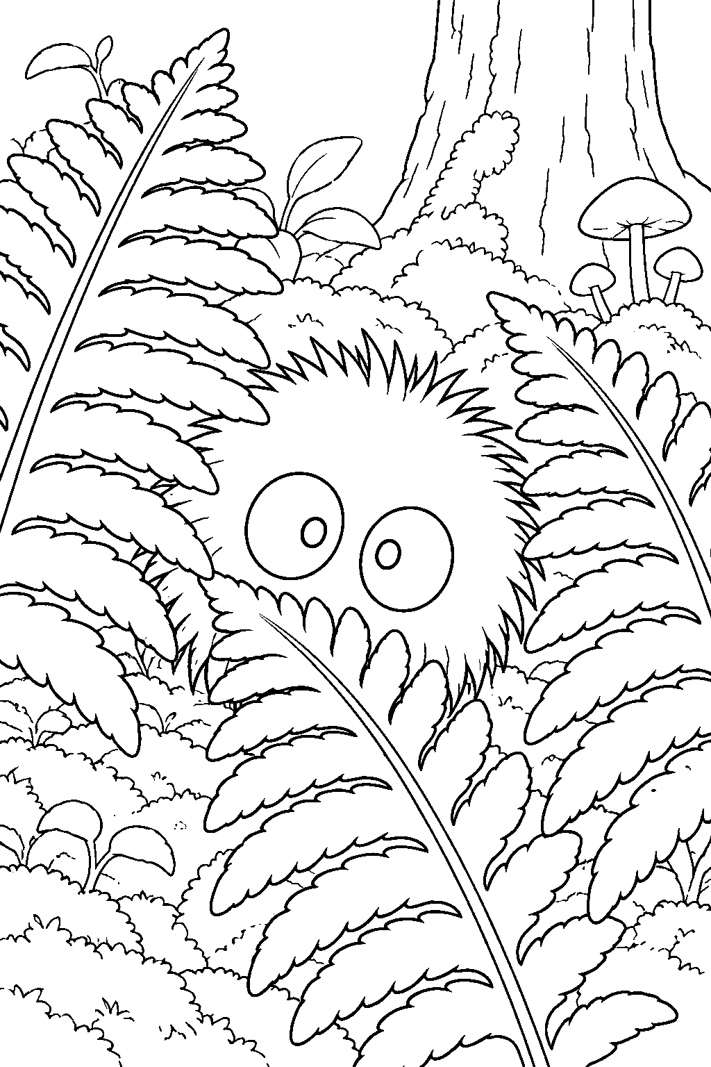 soot sprite peeking between fern fronds in a mossy forest line art