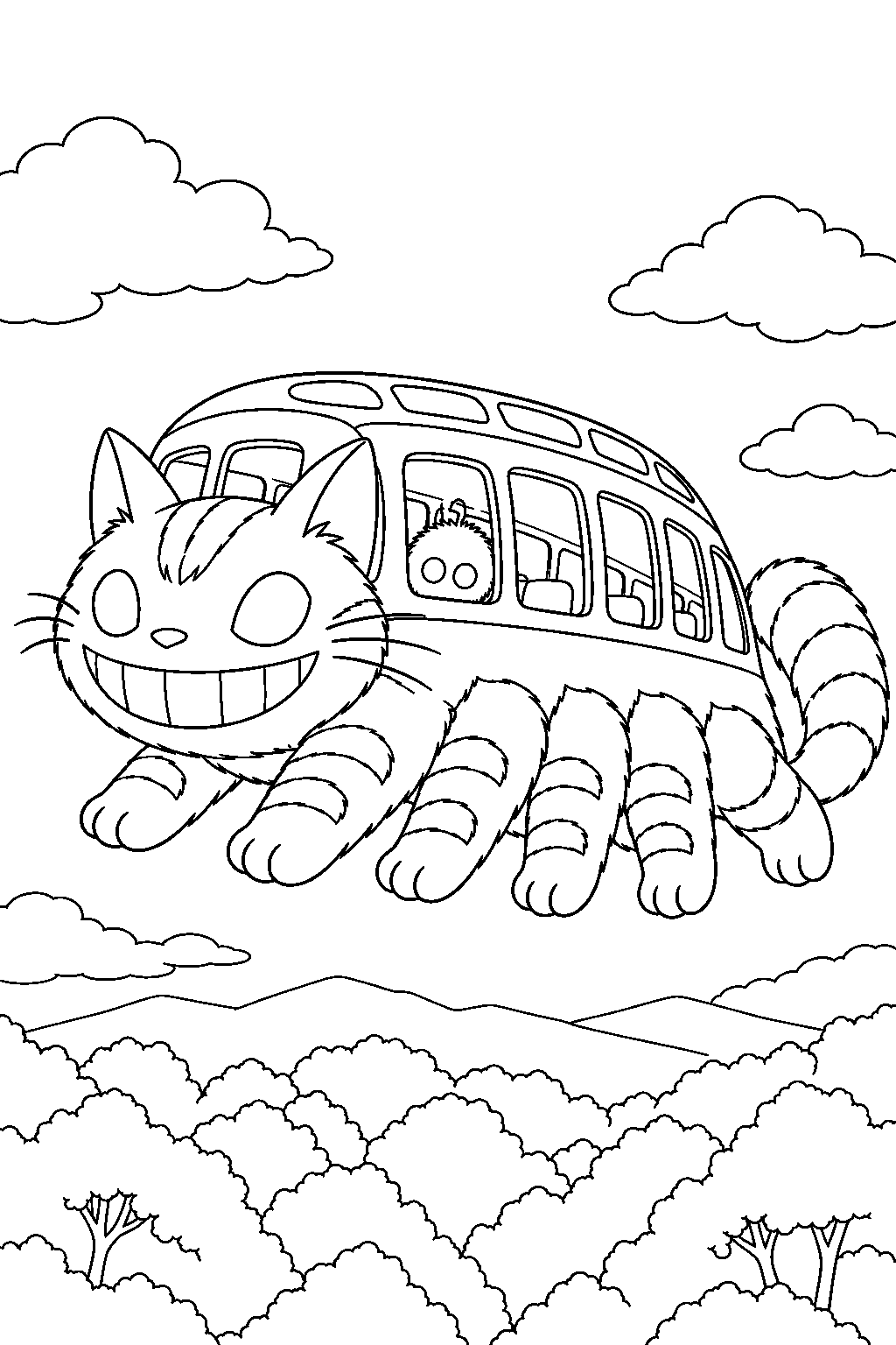 soot sprite peeking from a catbus window above the treetops line art