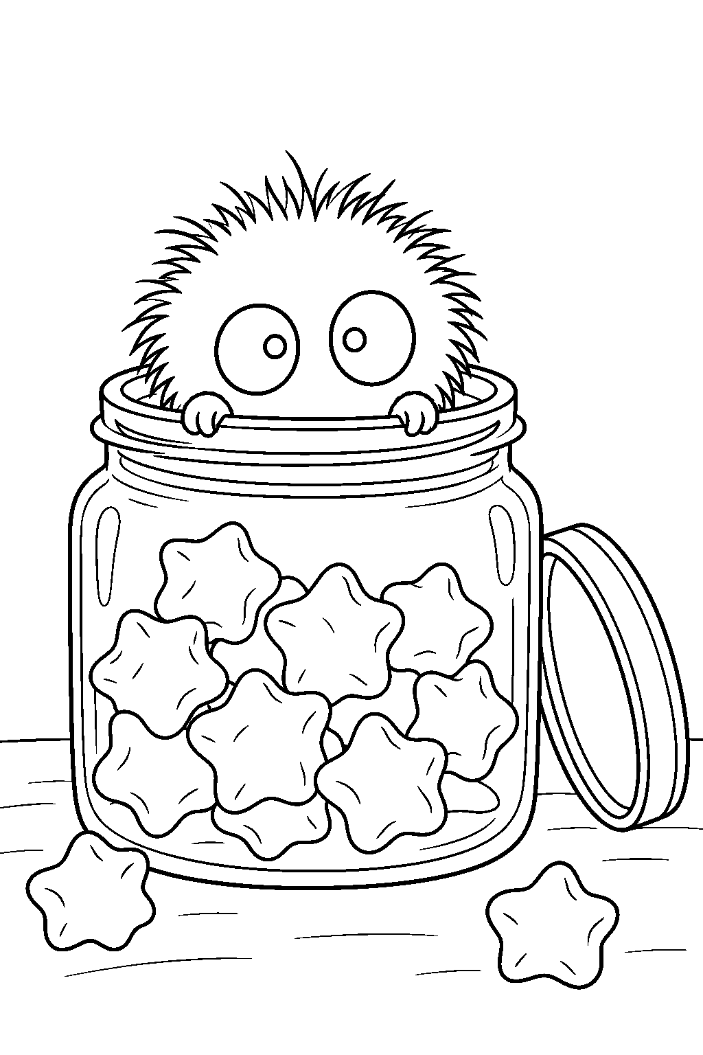 soot sprite peeking from a jar of star shaped candy line art