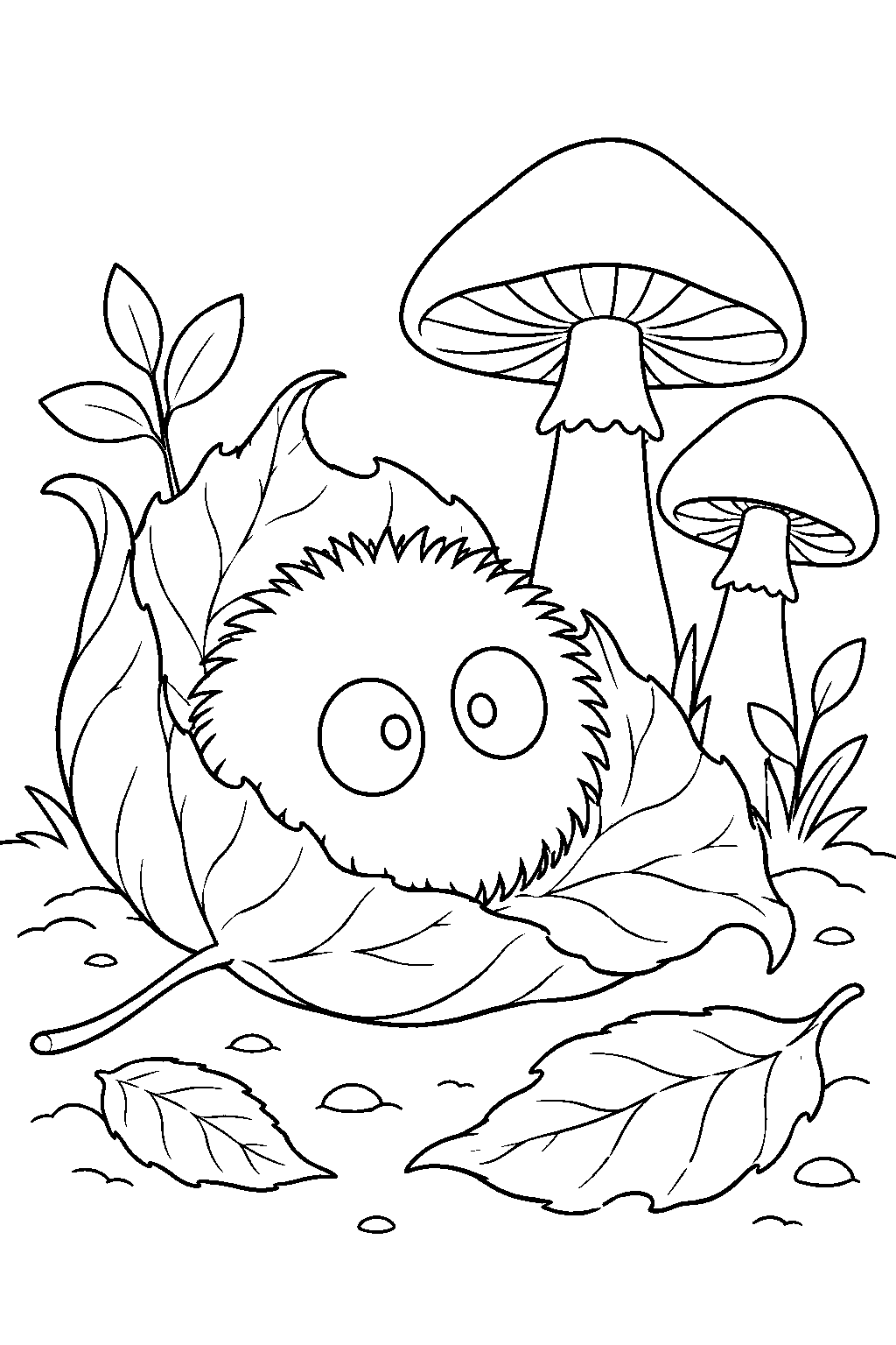 soot sprite resting in a curled autumn leaf beside woodland mushrooms line art