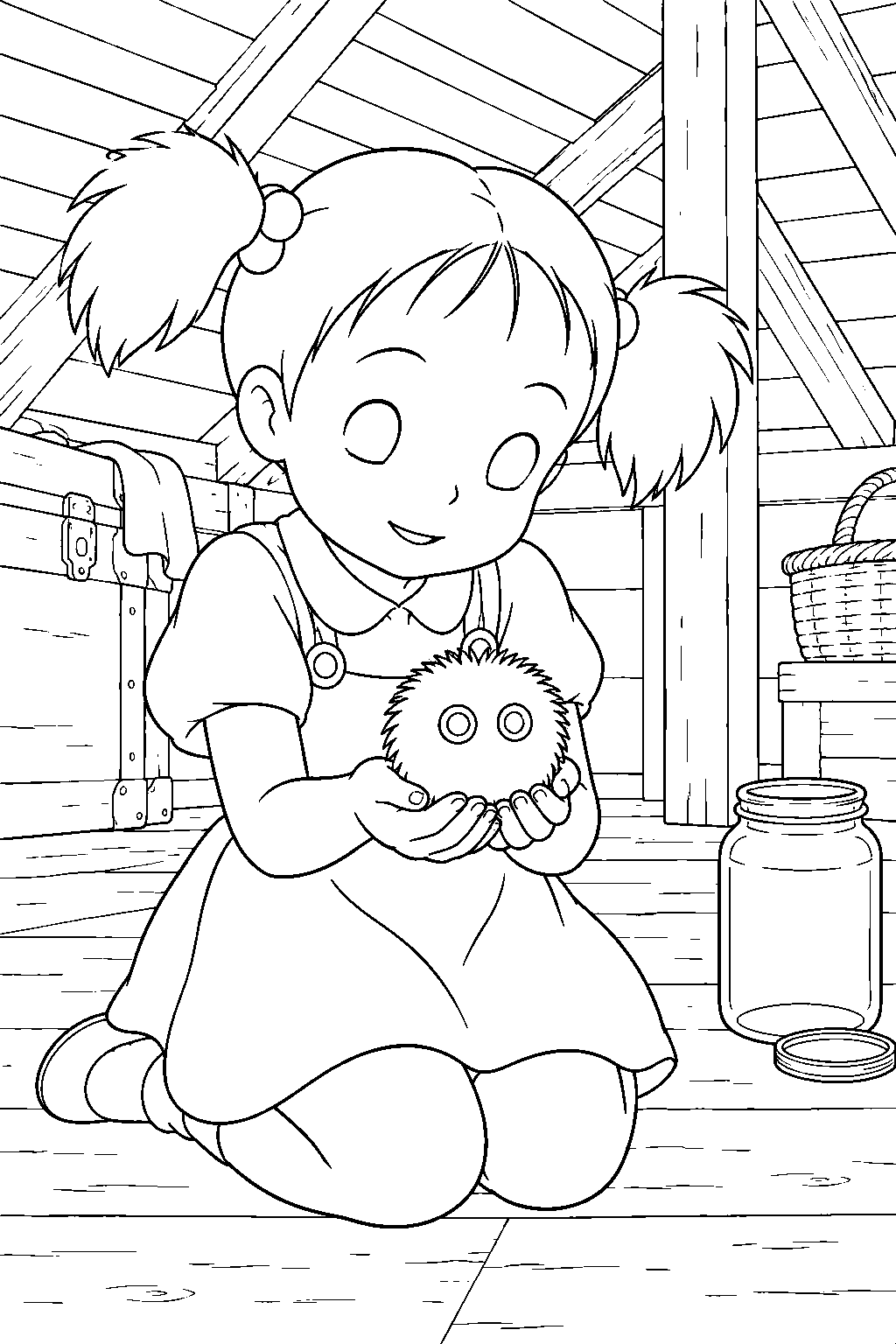 soot sprite resting in mei s cupped hands in the farmhouse attic line art