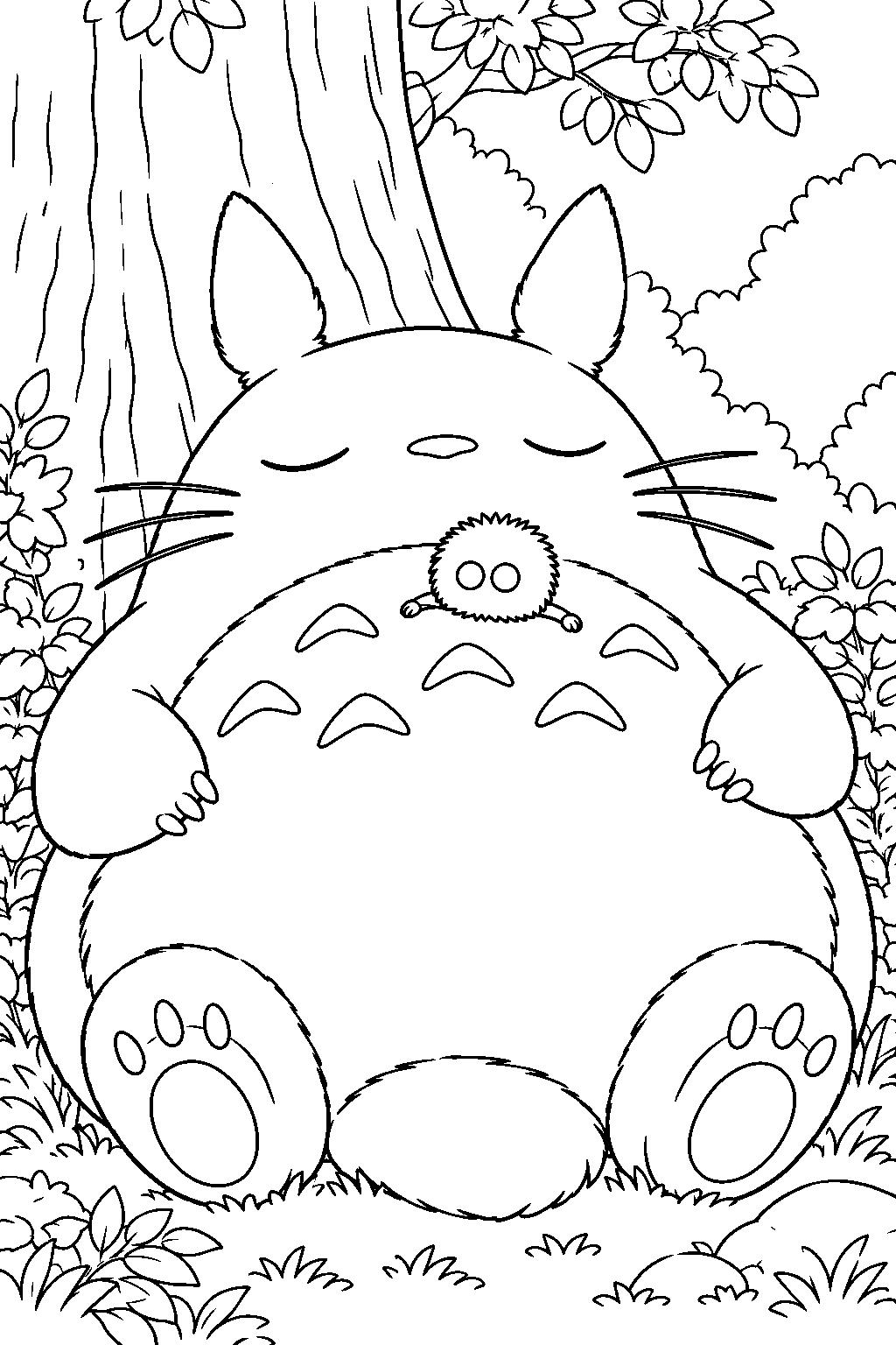 soot sprite resting on sleeping totoro s belly in the forest line art
